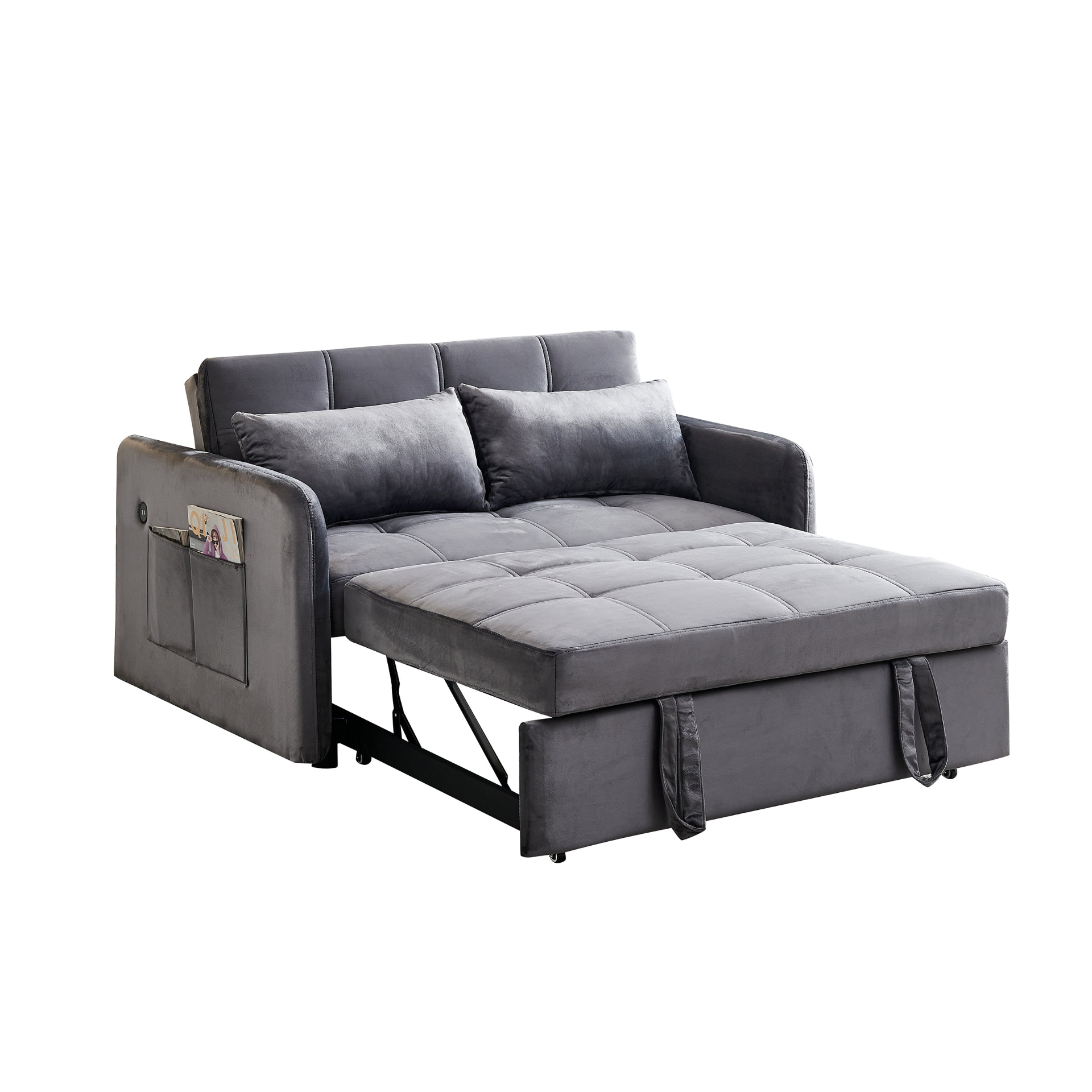 55.5" Twins Pull Out Sofa Bed Grey Velvet - Multifunctional, Comfortable, USB Charging Sensual Secret Boutique