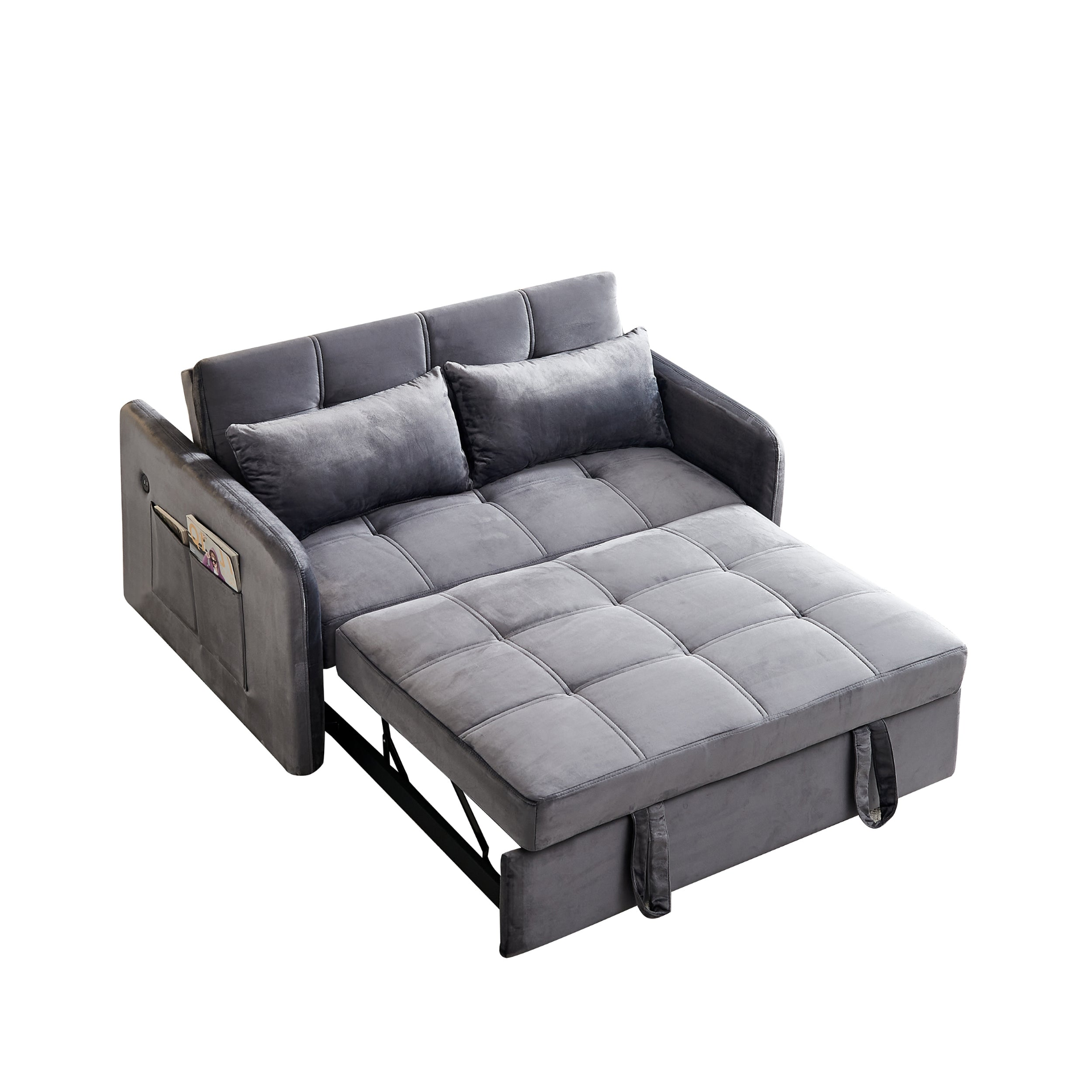 55.5" Twins Pull Out Sofa Bed Grey Velvet - Multifunctional, Comfortable, USB Charging Sensual Secret Boutique