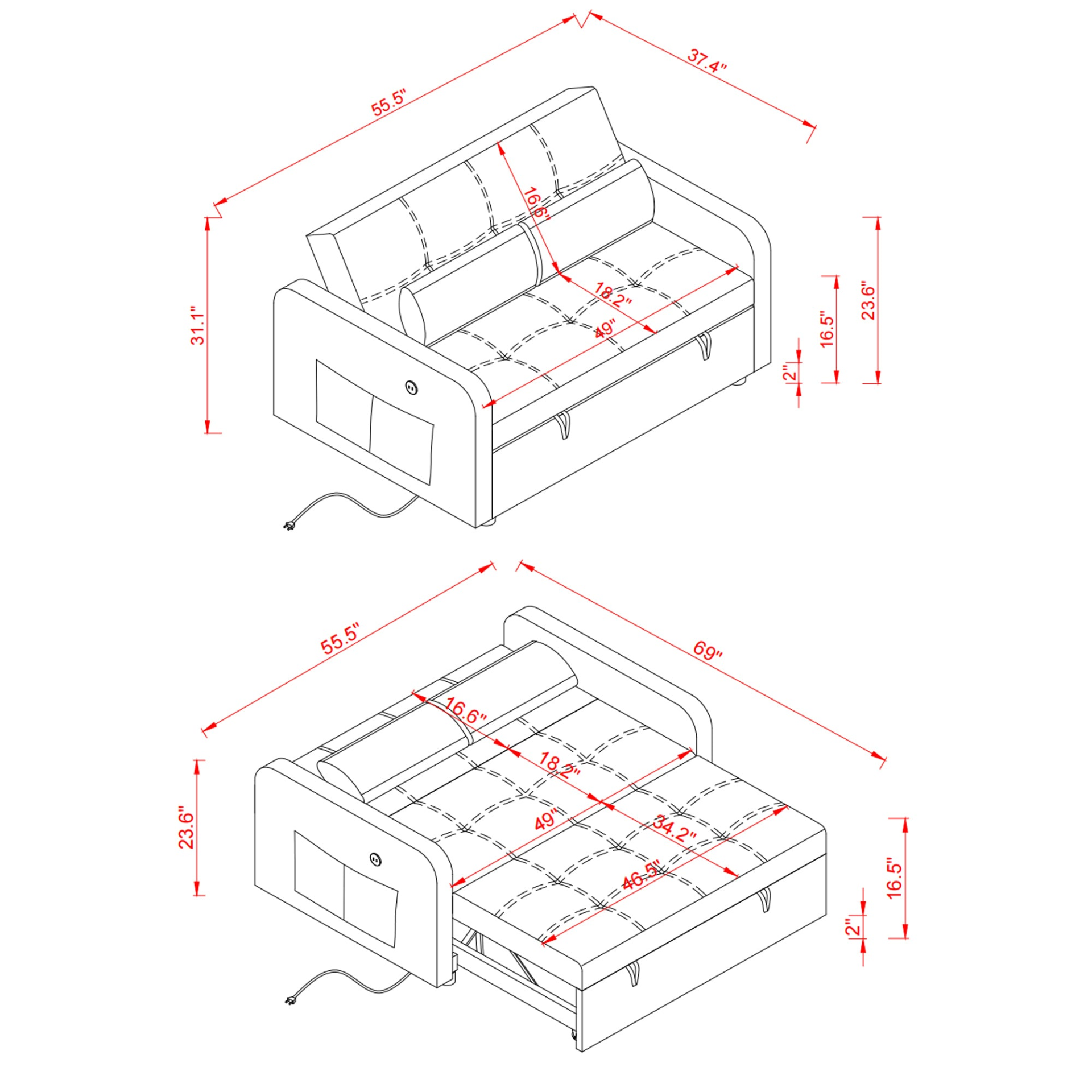 55.5" Twins Pull Out Sofa Bed Grey Velvet - Multifunctional, Comfortable, USB Charging Sensual Secret Boutique