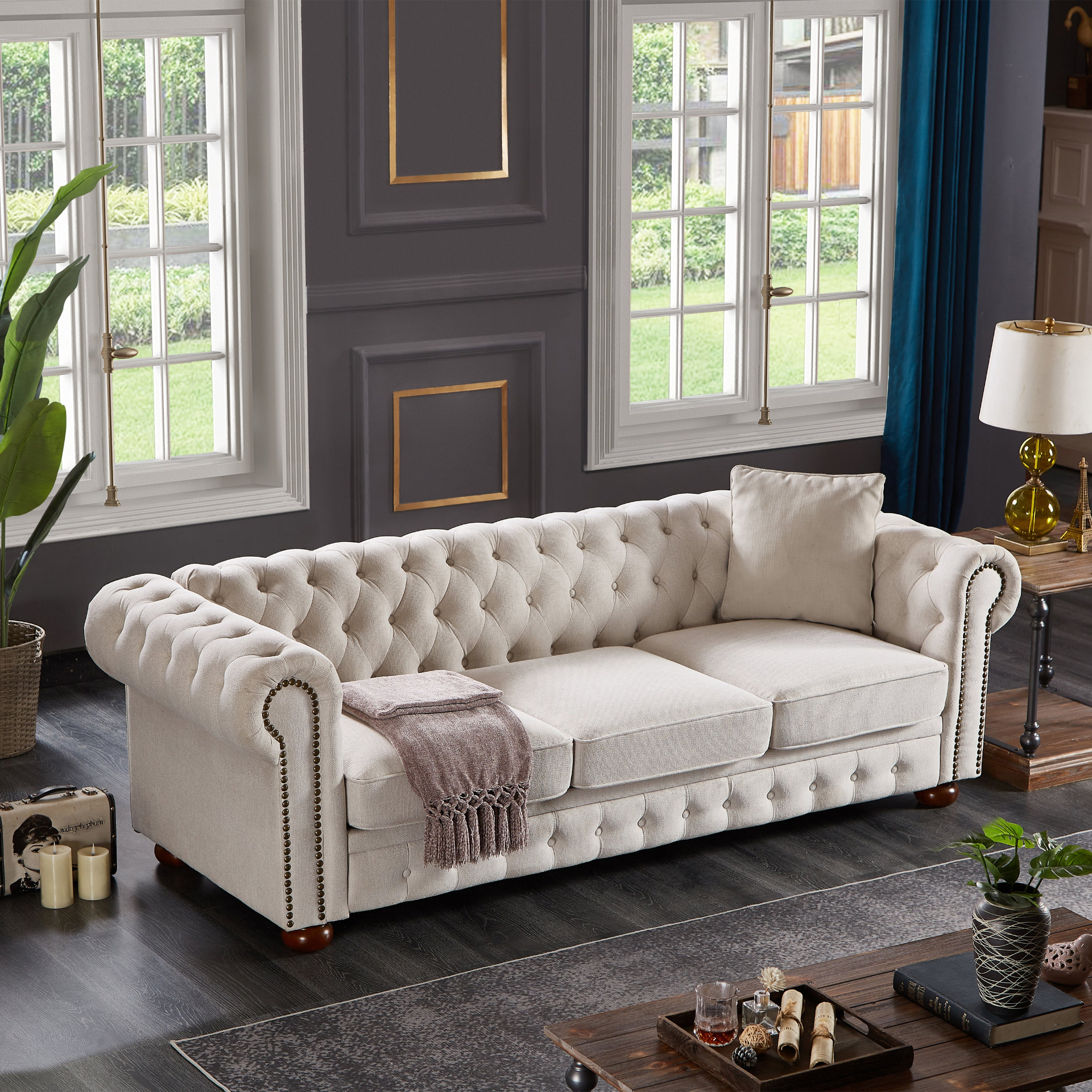 Chesterfield Sofa Beige Linen Fabric (Beige) - Sturdy Structure, Soft Upholstery, Easy Assembly Sensual Secret Boutique