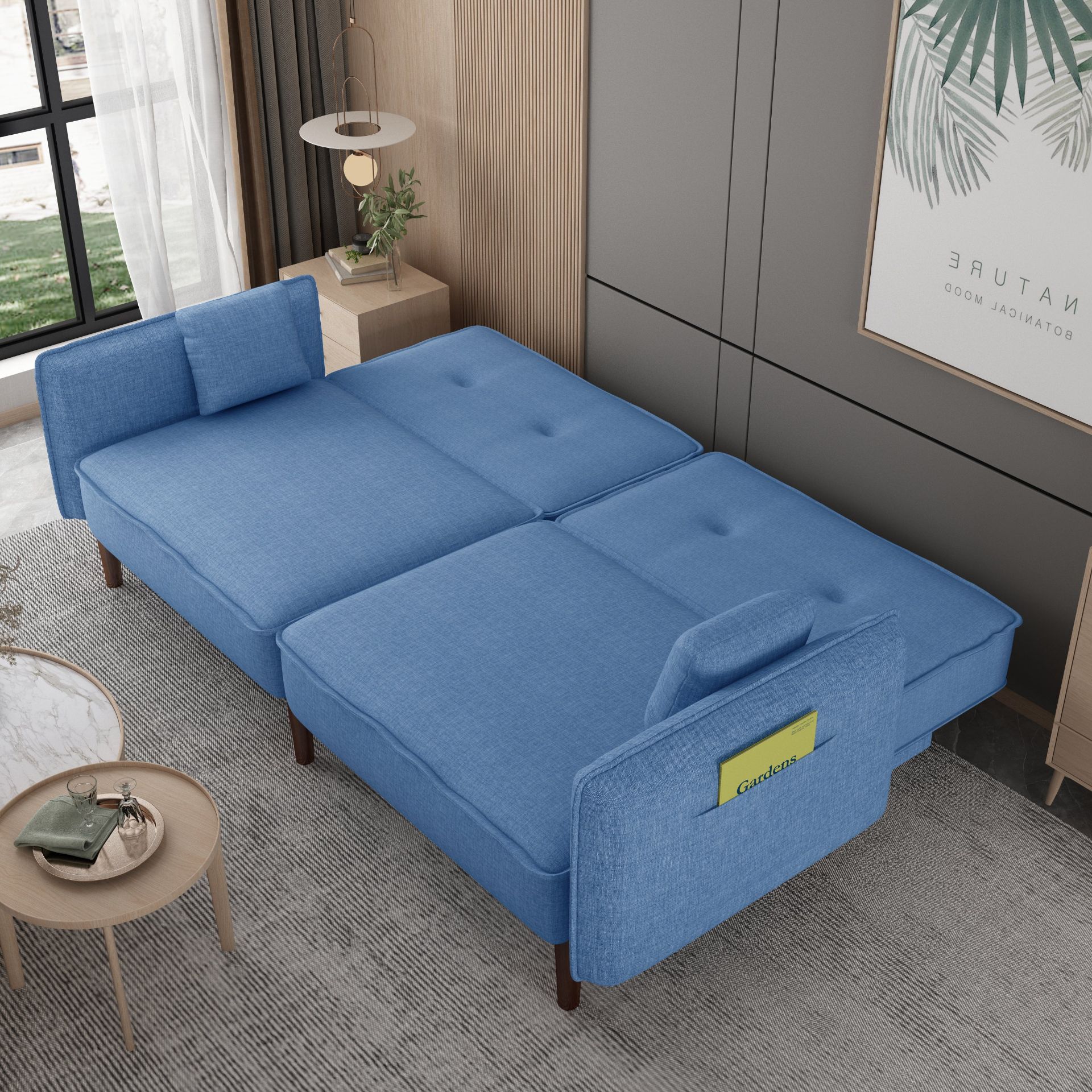 Living Room Bedroom Leisure Futon Sofa Bed in Blue Fabric with Solid Wood Leg Sensual Secret Boutique