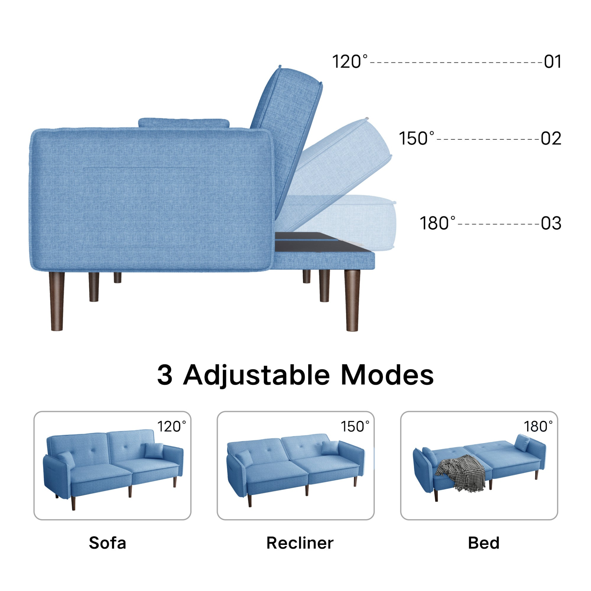 Living Room Bedroom Leisure Futon Sofa Bed in Blue Fabric with Solid Wood Leg Sensual Secret Boutique