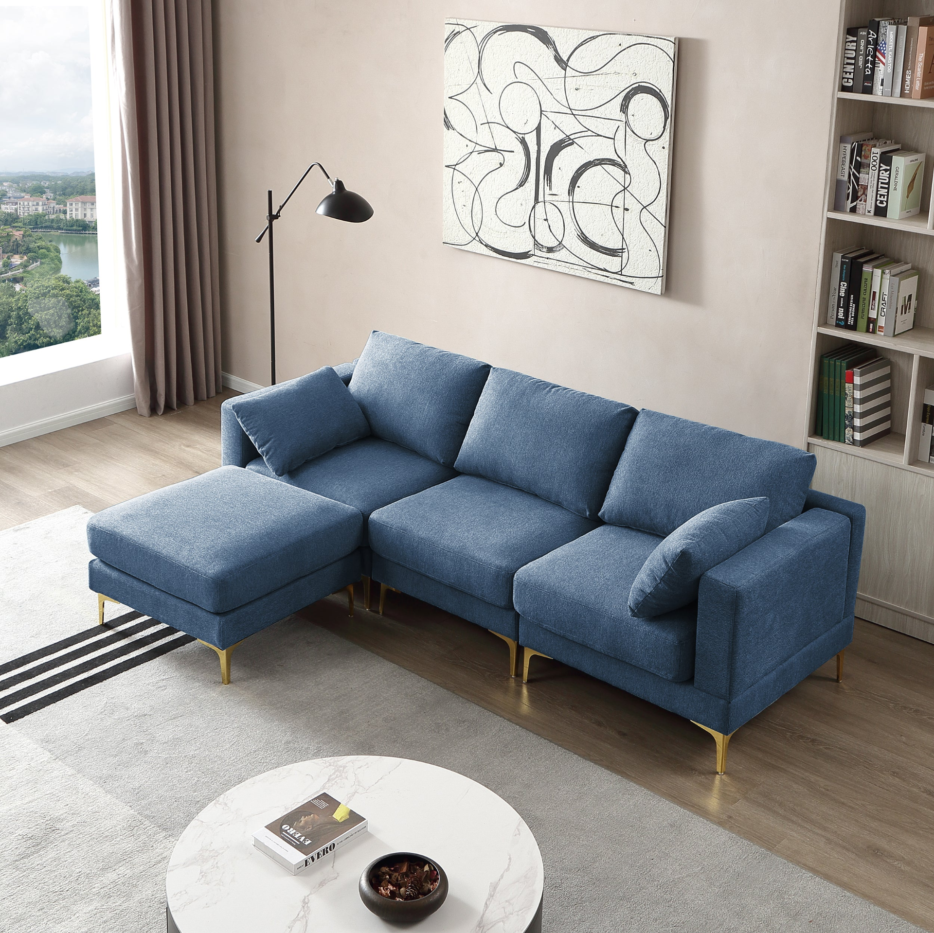 Modern Leisure L Shape Couch Blue Fabric | Living Room Furniture Sensual Secret Boutique