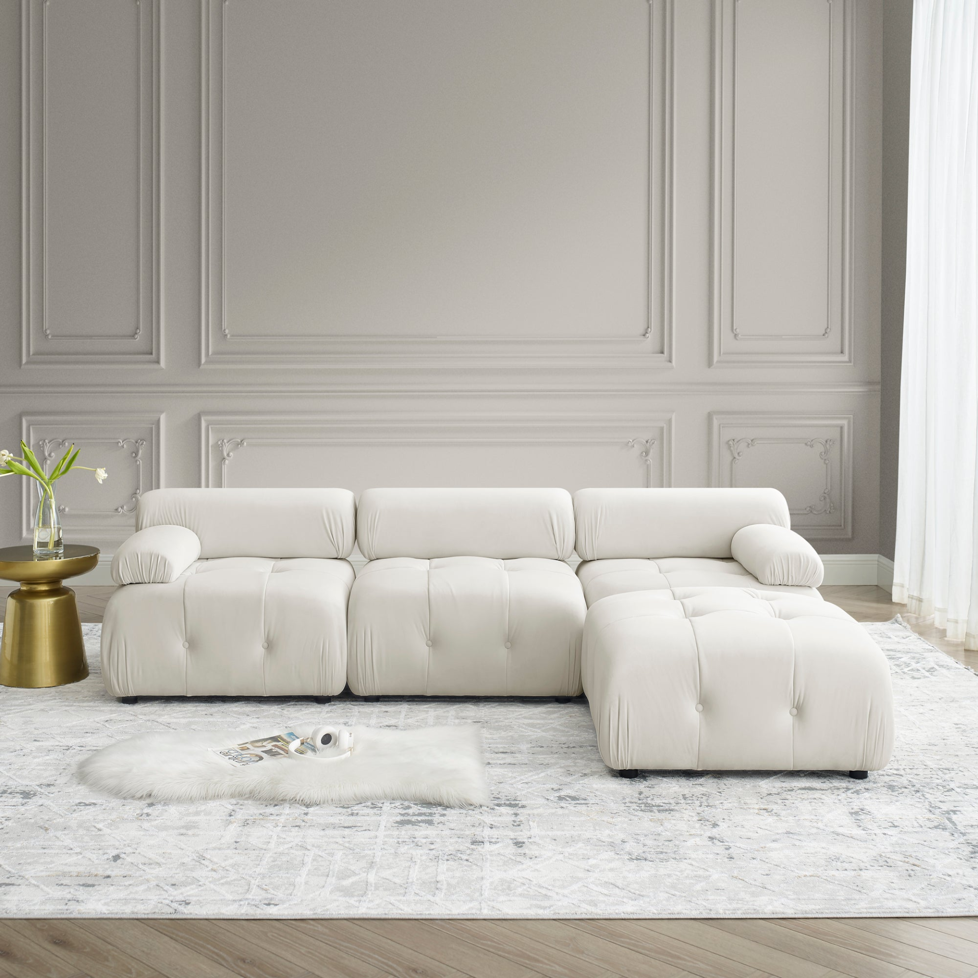 Buy Now! Modular Sectional Sofa, Button Tufted Design, DIY Combination, L Shaped Couch with Reversible Ottoman, Beige Velvet Sensual Secret Boutique