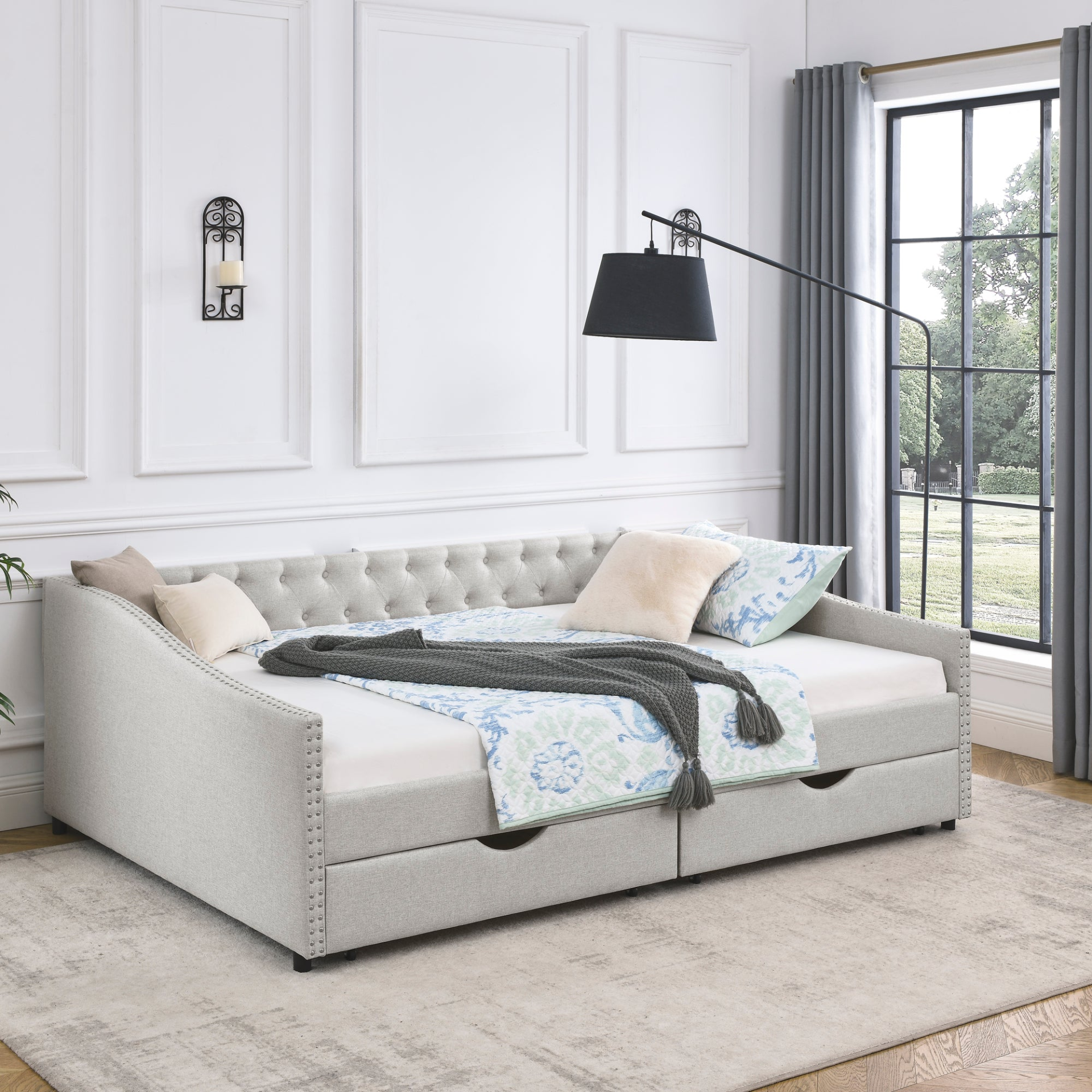 Queen Size Daybed with Drawers Upholstered Tufted Sofa Bed, Beige Sensual Secret Boutique