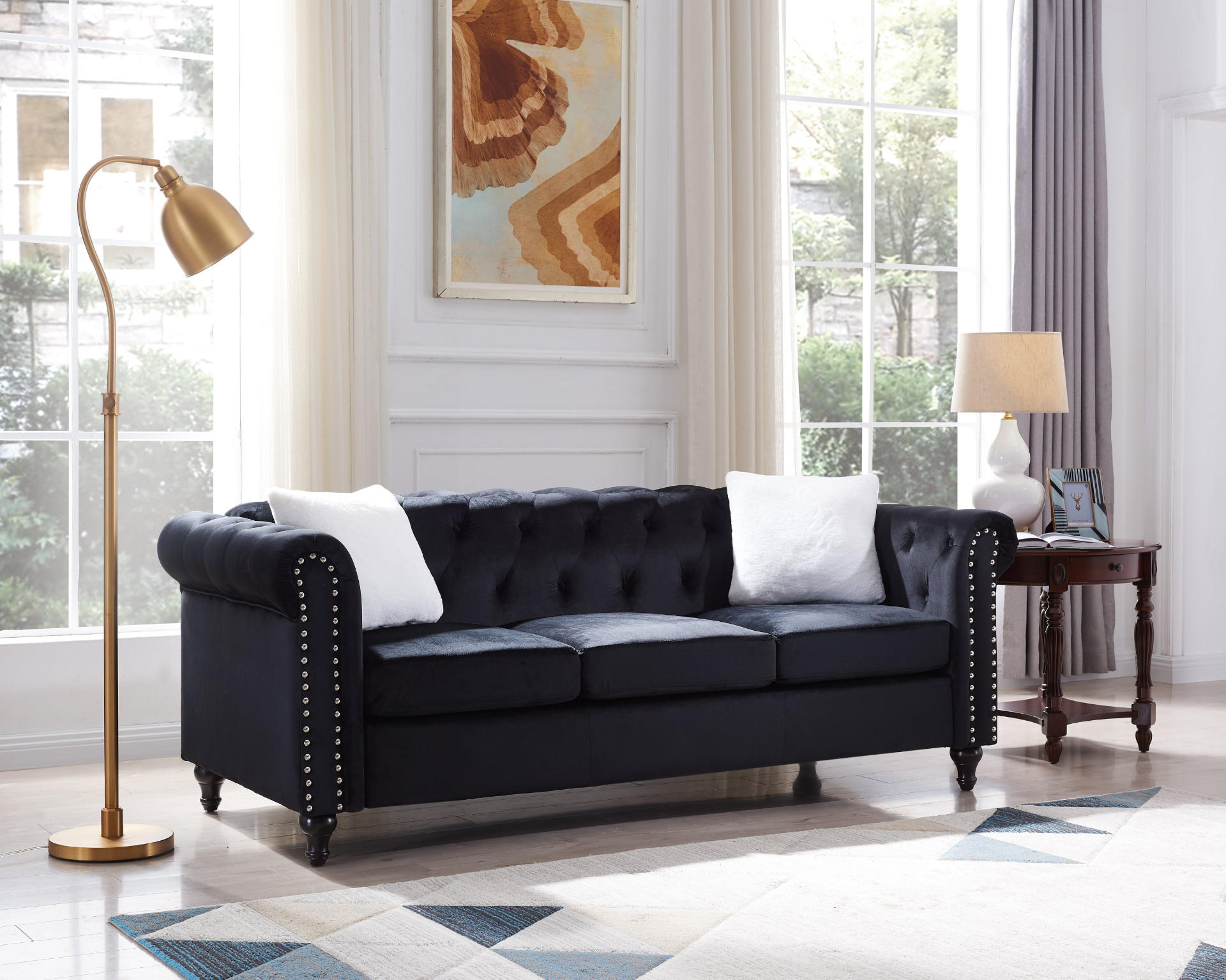 Contemporary 3-Seater Sofa with Button and Copper Nail, Velvet Black Sensual Secret Boutique