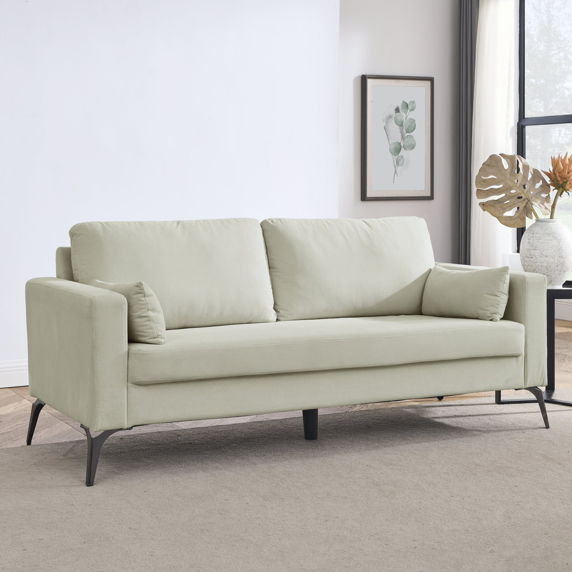 Modern 3-Seater Sofa with Square Arms and Tight Back - Corduroy Beige Sensual Secret Boutique