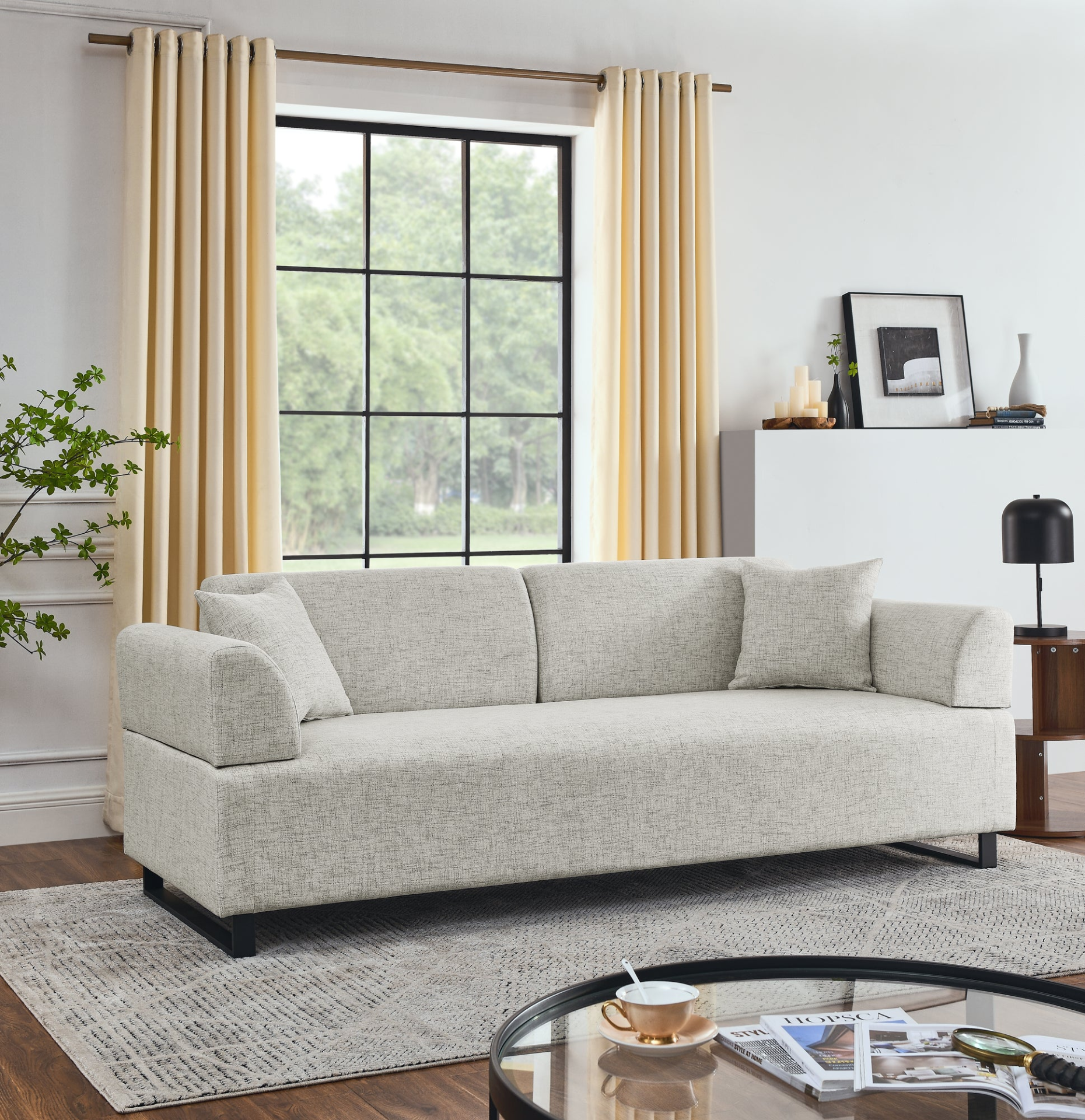 Linen Fabric 3 Seat Sofa with End Tables and Pillows - Modern Style Upholstered Couch for Living Room Sensual Secret Boutique