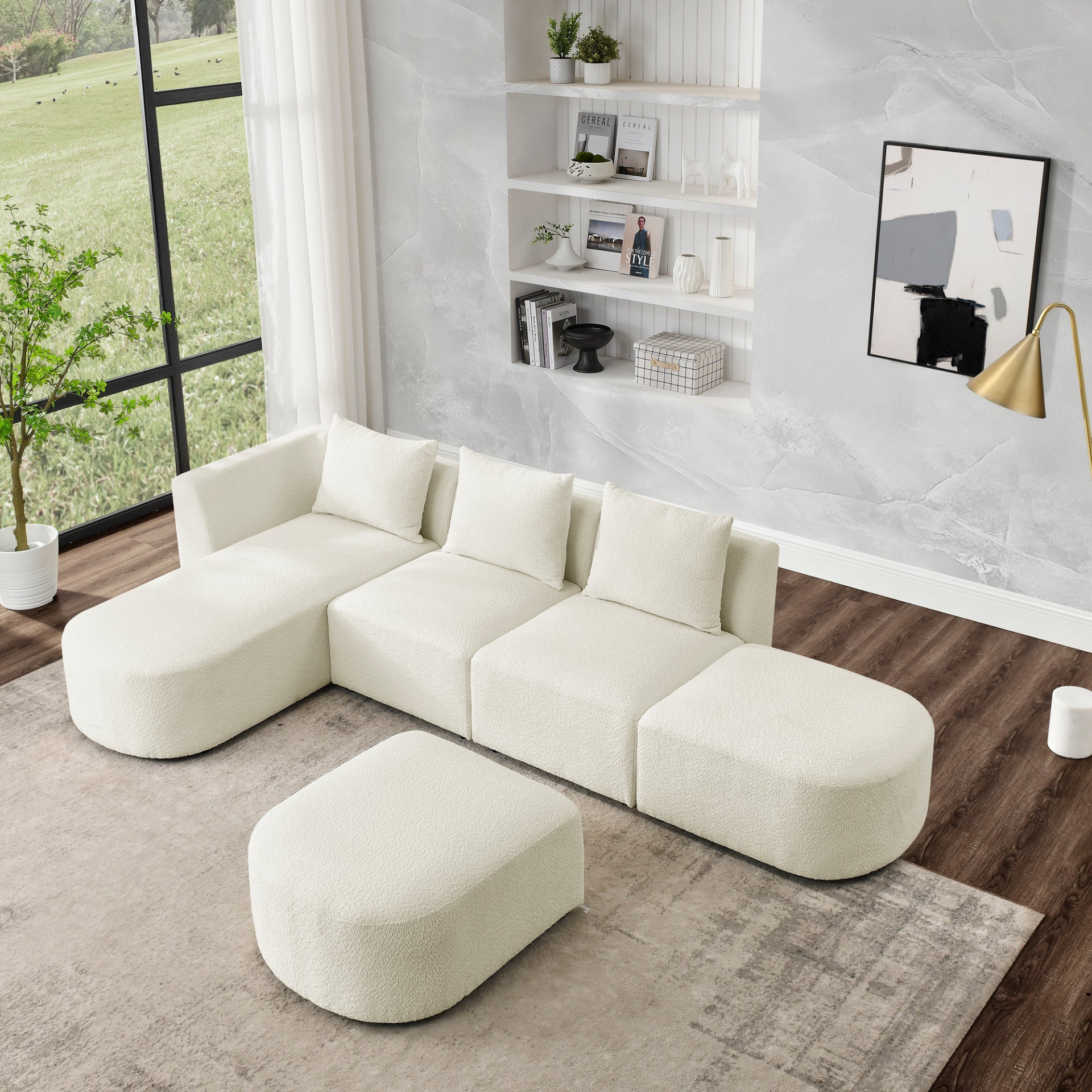 L Shape Sectional Sofa with Left Side Chaise and Ottoman, Modular Sofa, DIY Combination, Loop Yarn Fabric, Beige Sensual Secret Boutique