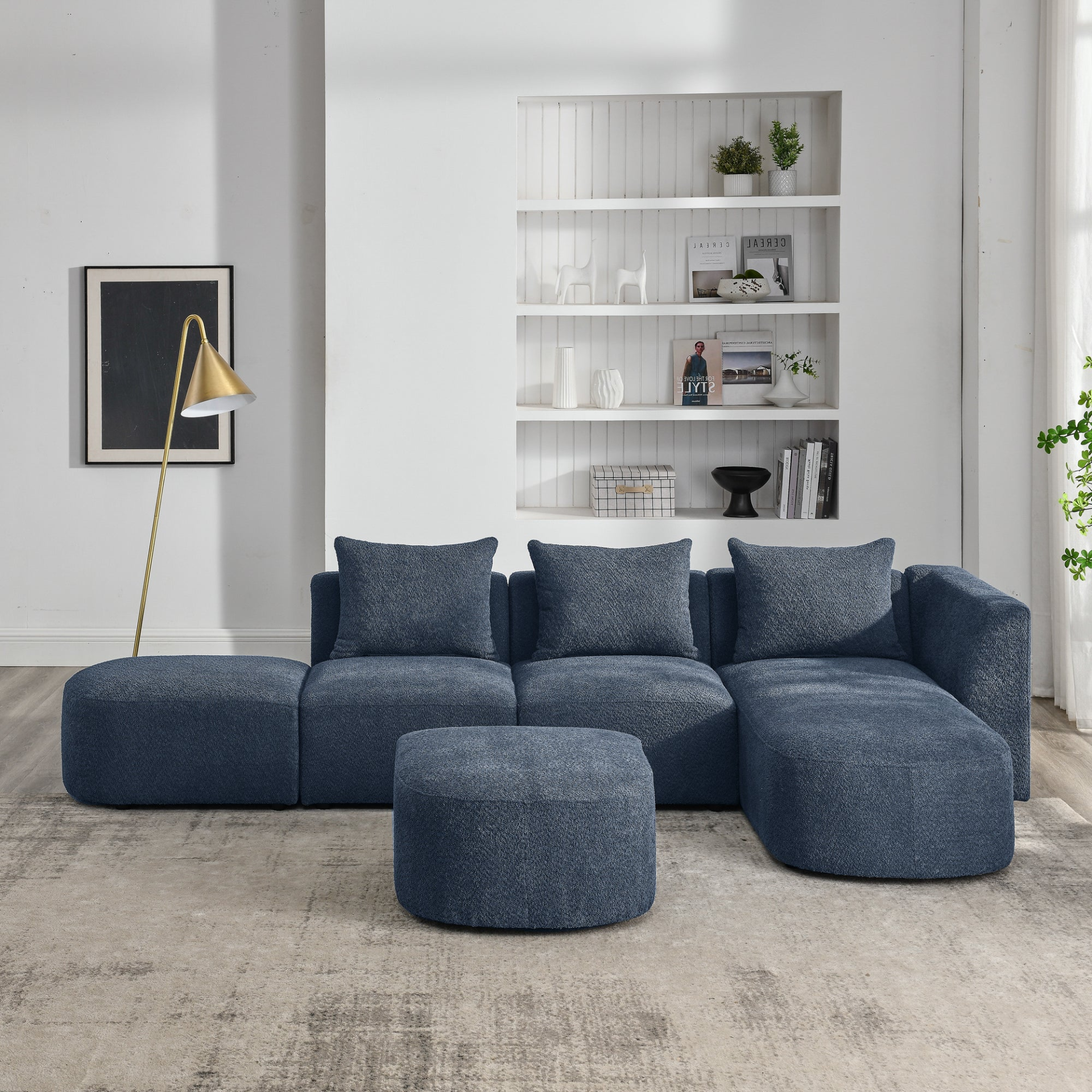 L Shape Sectional Sofa with Right Side Chaise and Ottoman, Modular Sofa, DIY Combination, Loop Yarn Fabric, Navy Sensual Secret Boutique