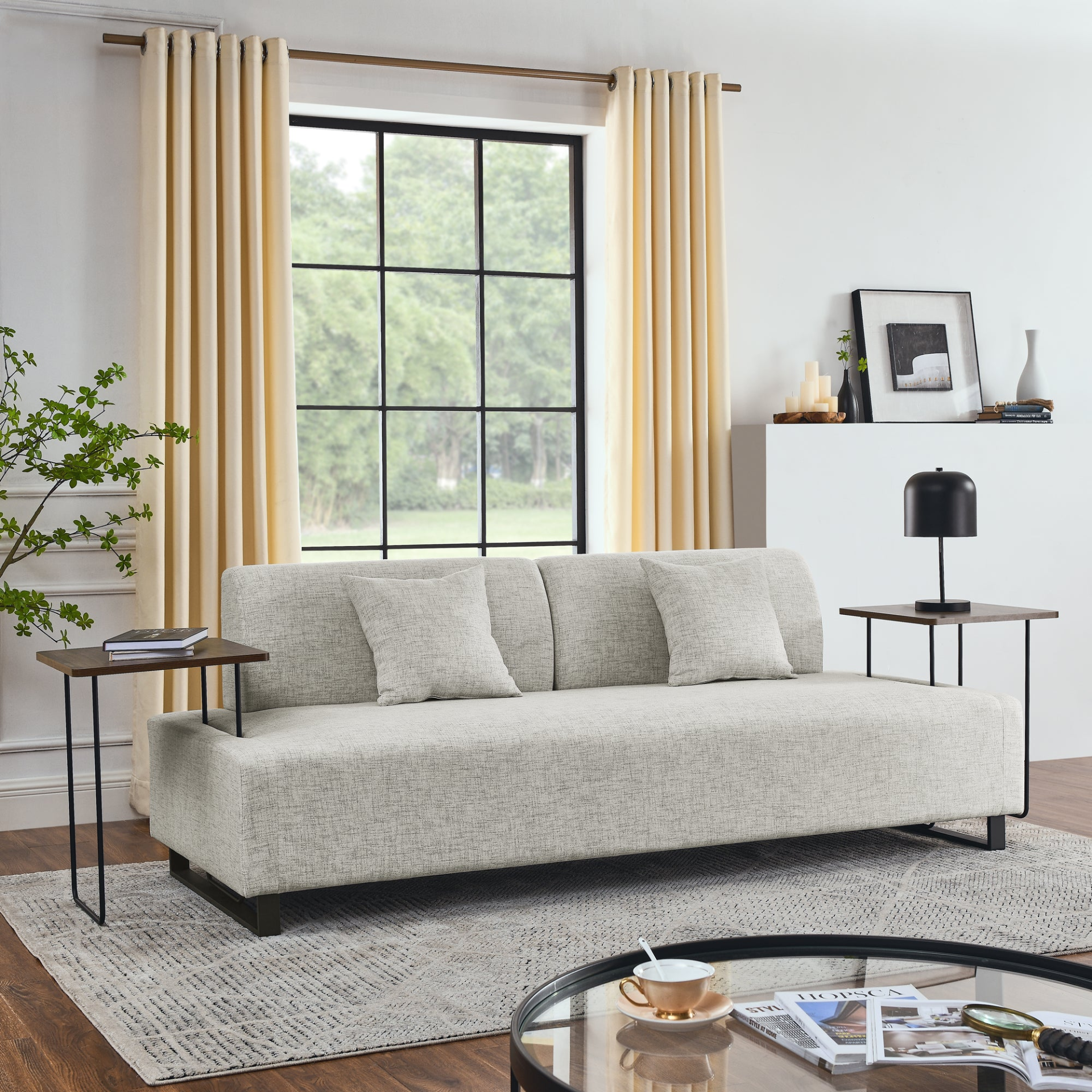 Linen Fabric 3 Seat Sofa with End Tables and Pillows - Modern Style Upholstered Couch for Living Room Sensual Secret Boutique