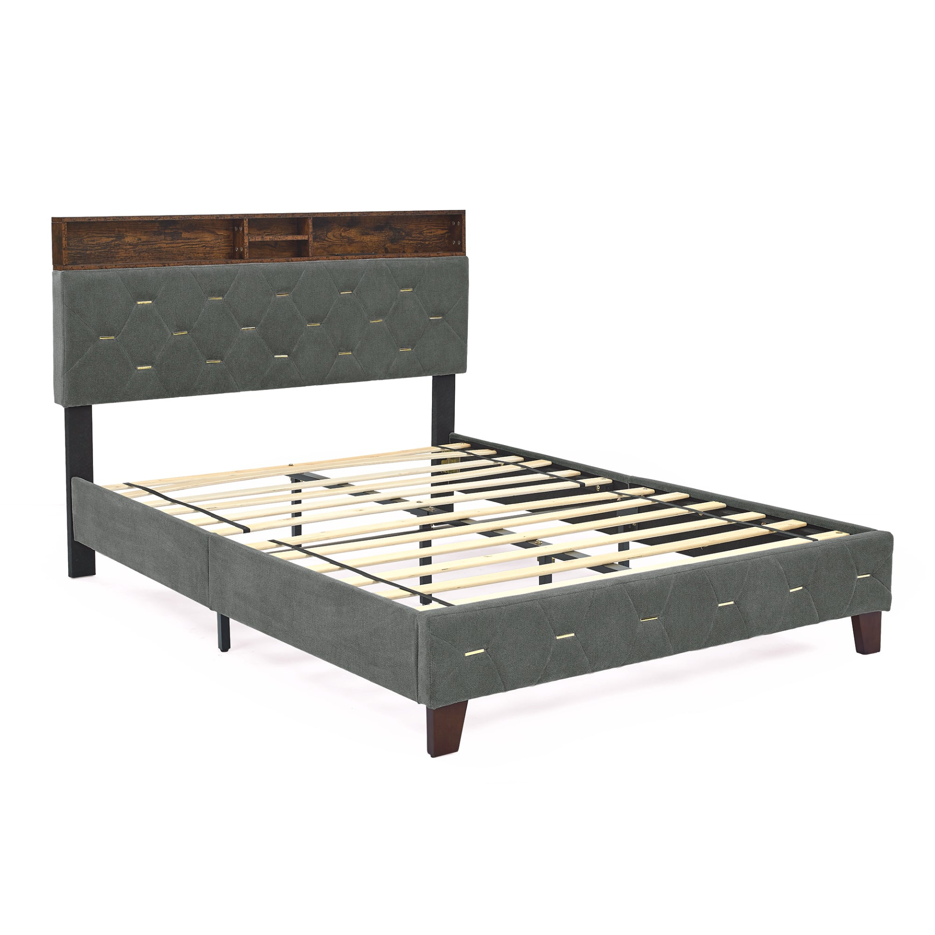 Full Size Bed Frame with Shelf Upholstered Headboard, Outlet & USB Ports - Grey Sensual Secret Boutique