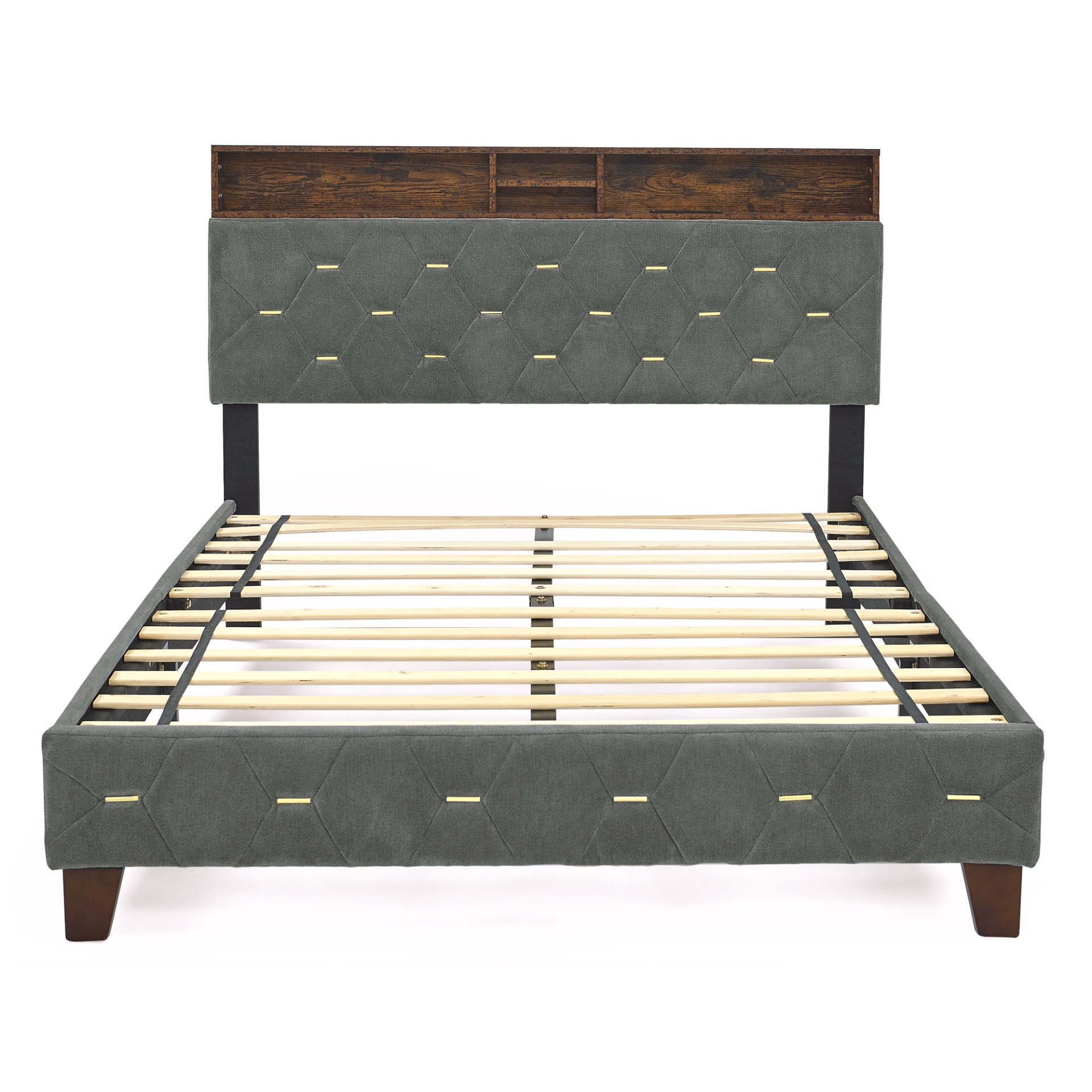 Full Size Bed Frame with Shelf Upholstered Headboard, Outlet & USB Ports - Grey Sensual Secret Boutique