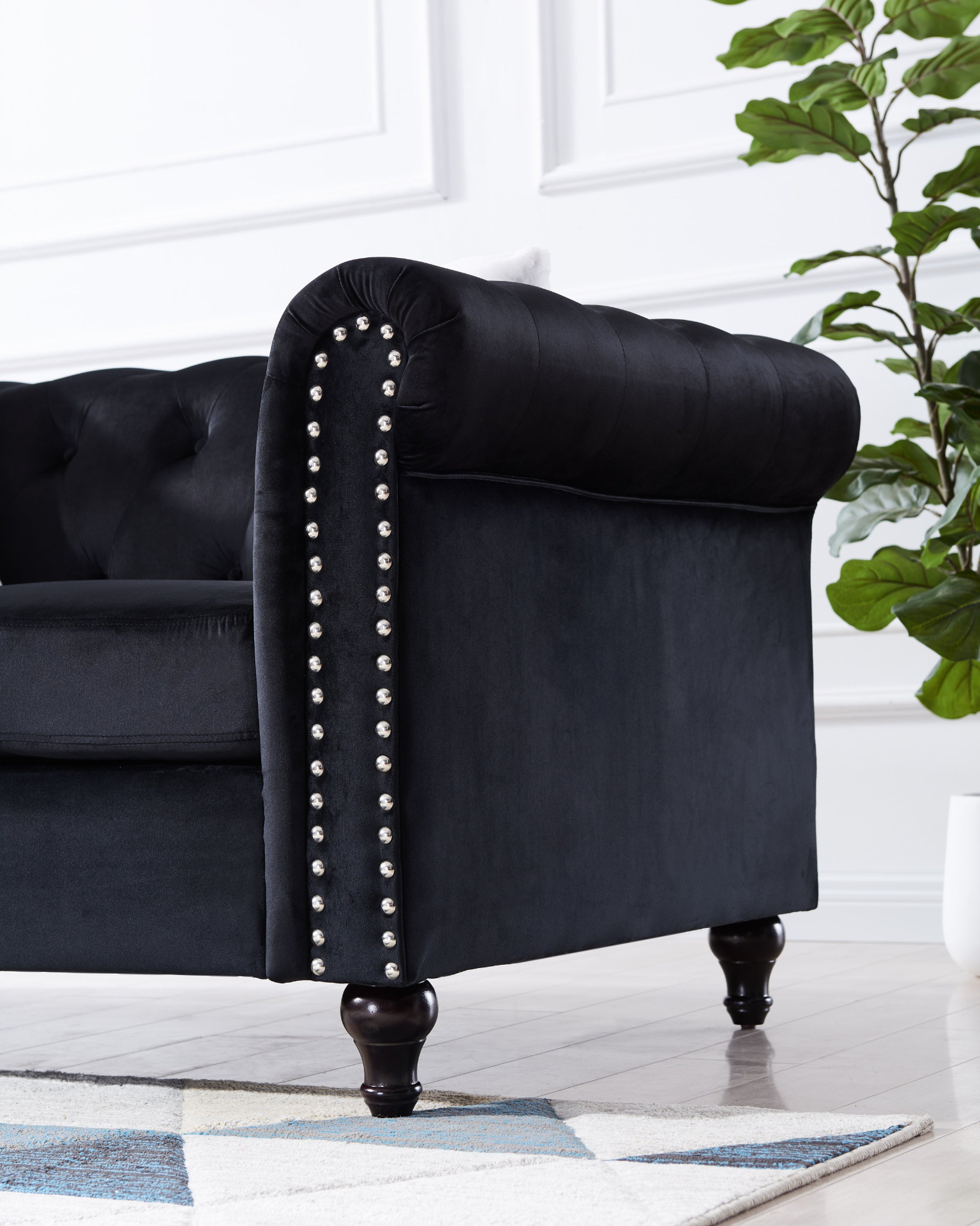 Contemporary 3-Seater Sofa with Button and Copper Nail, Velvet Black Sensual Secret Boutique