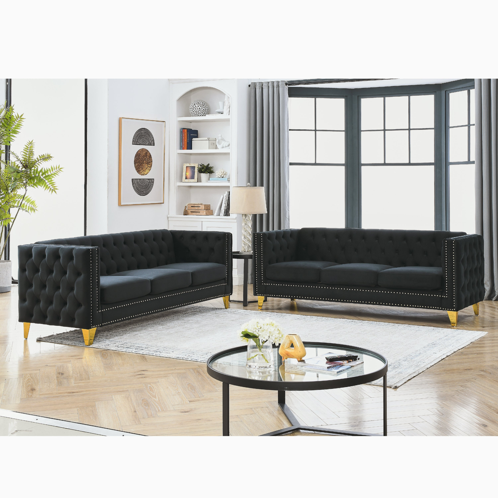 {Contact us for 3D modeling} Velvet Sofa for Living Room, Buttons Tufted Square Arm Couch, Modern Couch Upholstered Button and Metal Legs, Sofa Couch for Bedroom, Black Velvet, 2PCS Sensual Secret Boutique