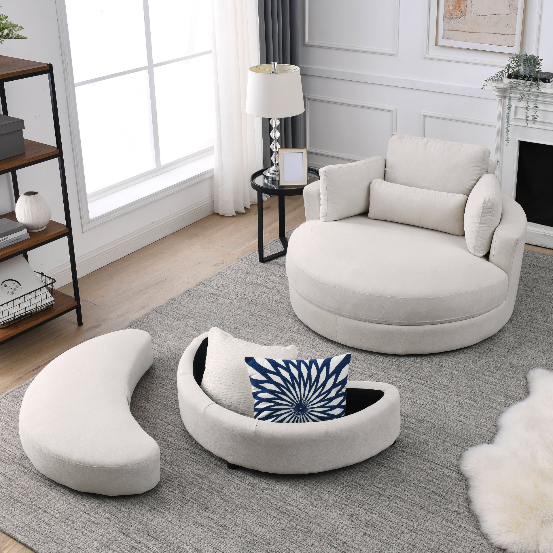 Swivel Accent Barrel Modern Sofa Lounge Club Big Round Chair with Storage Ottoman Linen Fabric for Living Room Hotel with Pillows - 2PCS Sensual Secret Boutique