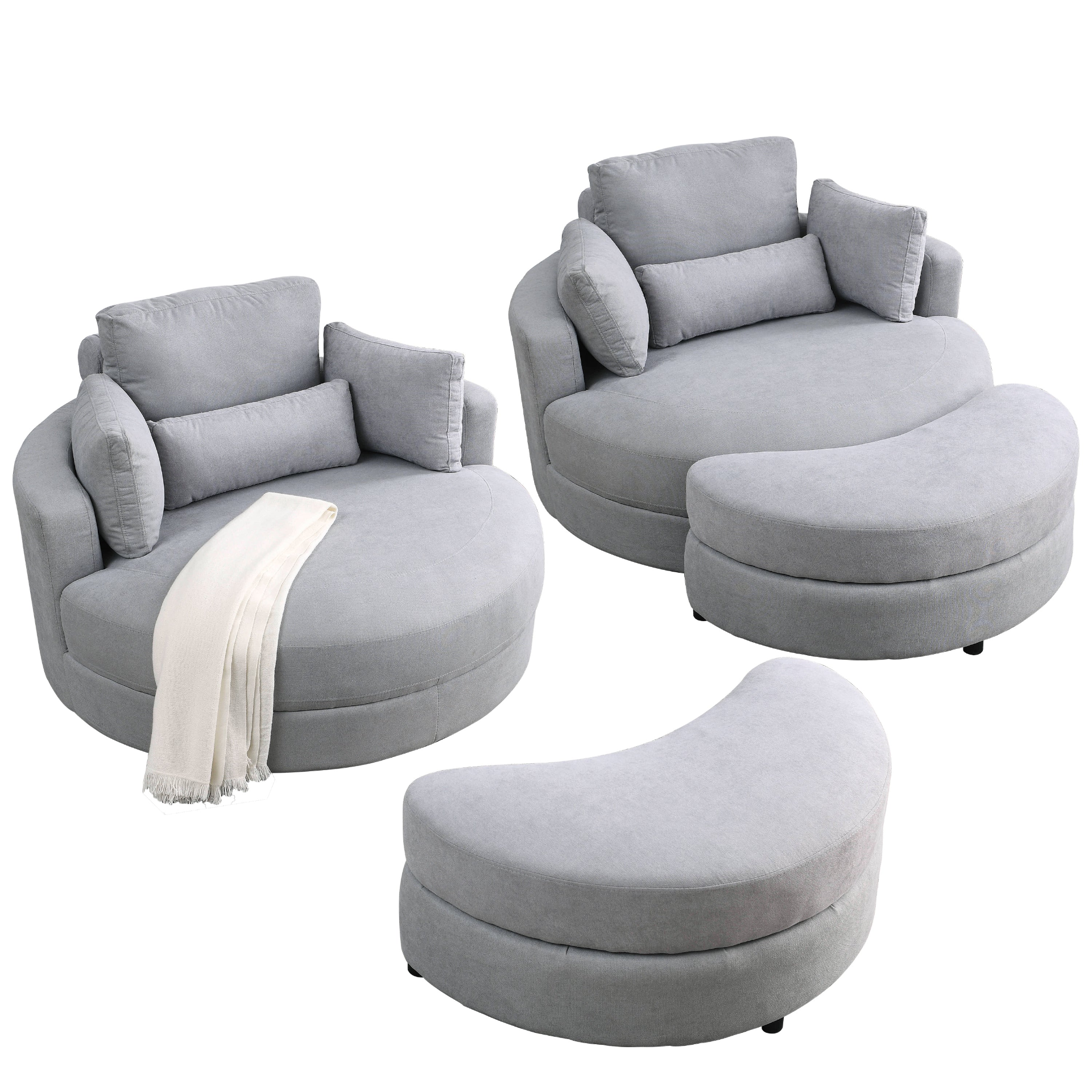 Swivel Accent Barrel Modern Grey Sofa Lounge Club Big Round Chair with Storage Ottoman Linen Fabric for Living Room Hotel with Pillows Sensual Secret Boutique