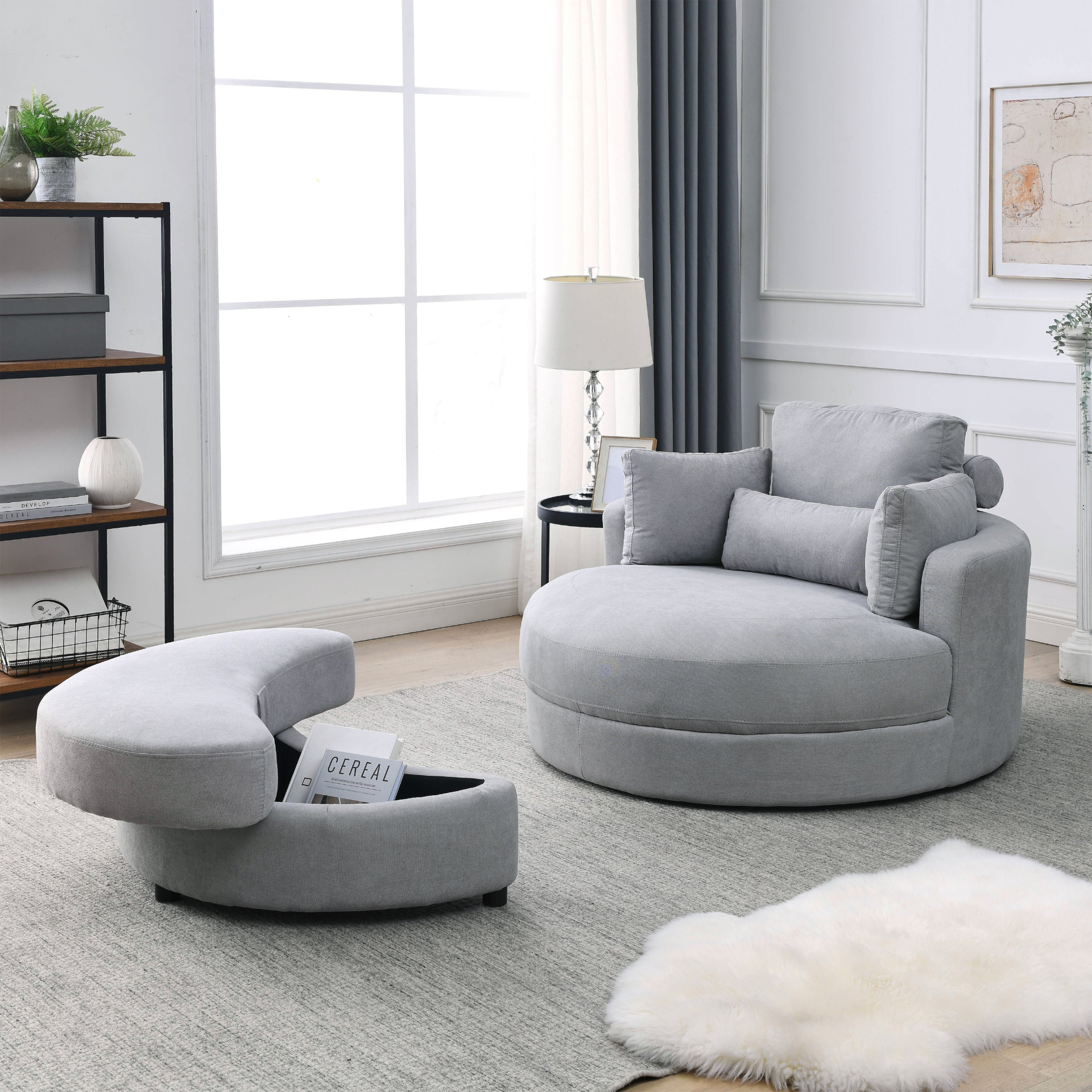 Swivel Accent Barrel Modern Grey Sofa Lounge Club Big Round Chair with Storage Ottoman Linen Fabric for Living Room Hotel with Pillows Sensual Secret Boutique