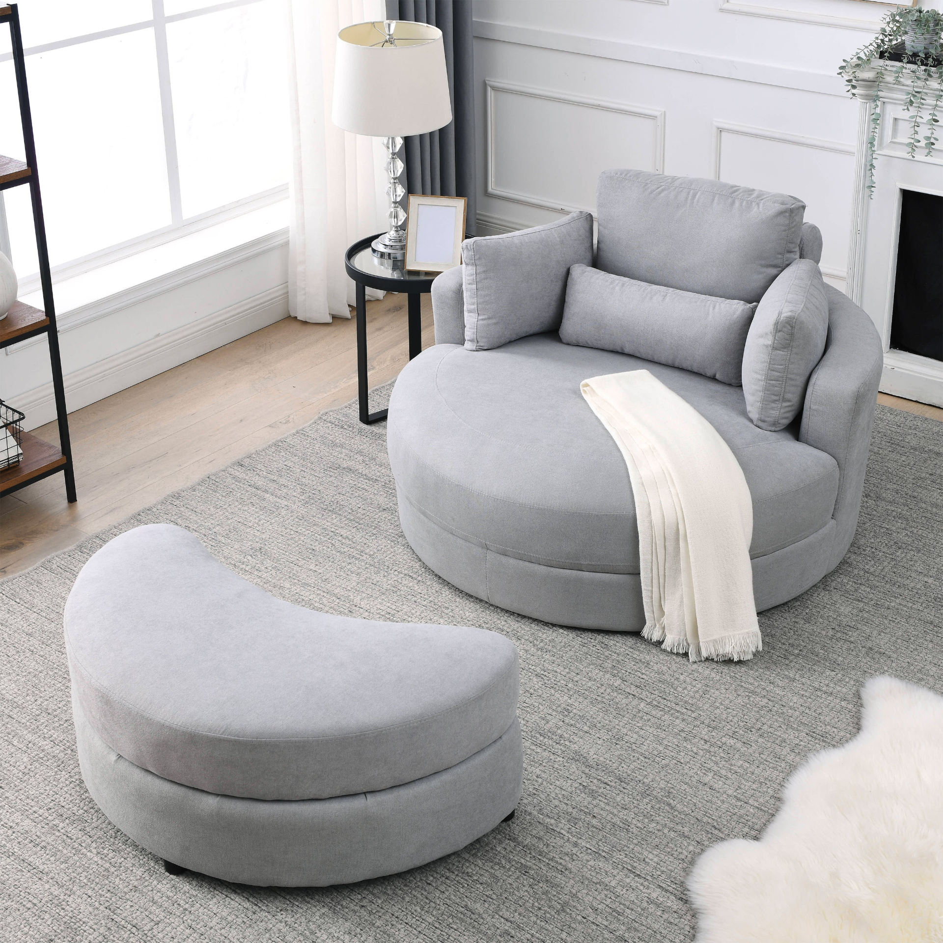 Swivel Accent Barrel Modern Grey Sofa Lounge Club Big Round Chair with Storage Ottoman Linen Fabric for Living Room Hotel with Pillows Sensual Secret Boutique