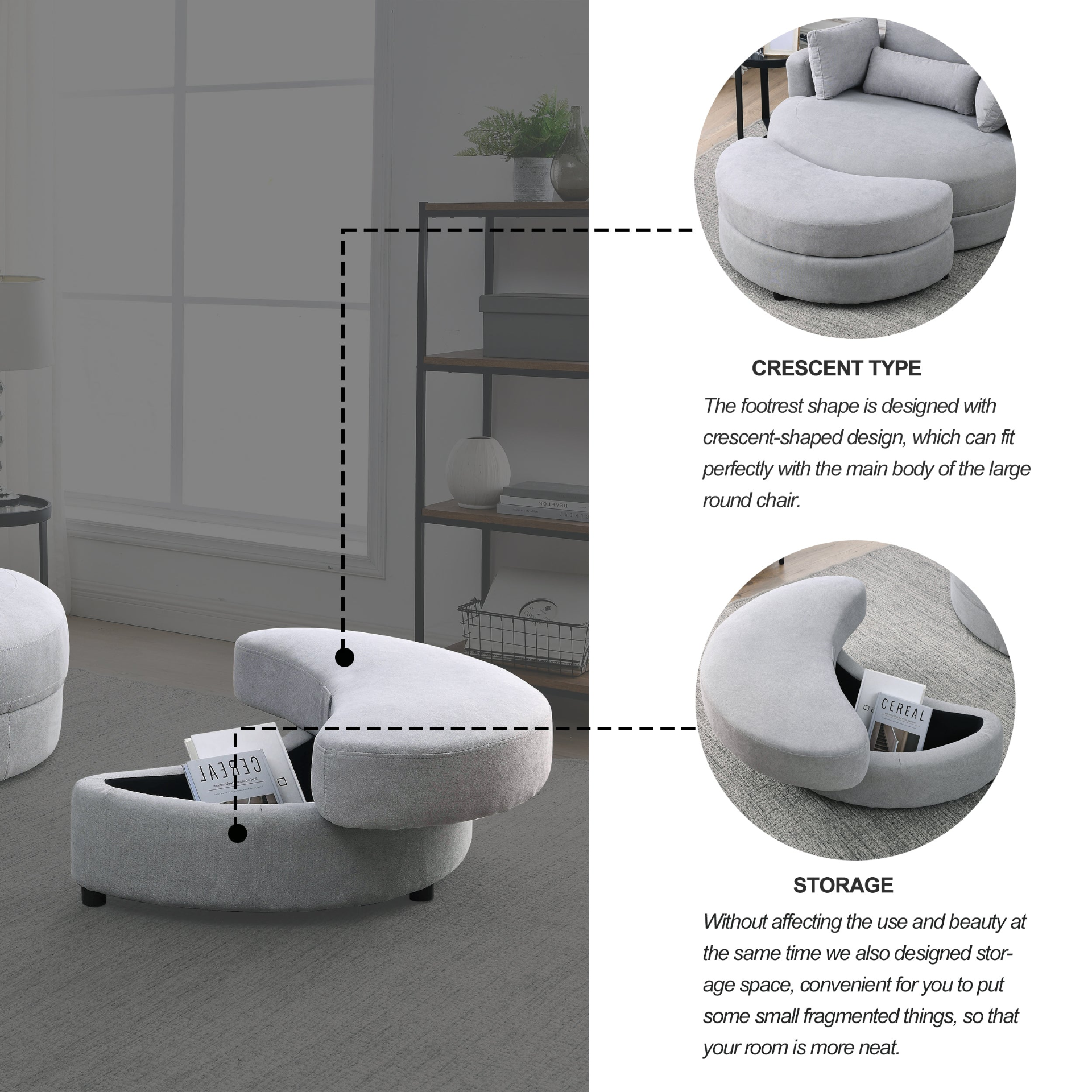 Swivel Accent Barrel Modern Grey Sofa Lounge Club Big Round Chair with Storage Ottoman Linen Fabric for Living Room Hotel with Pillows Sensual Secret Boutique