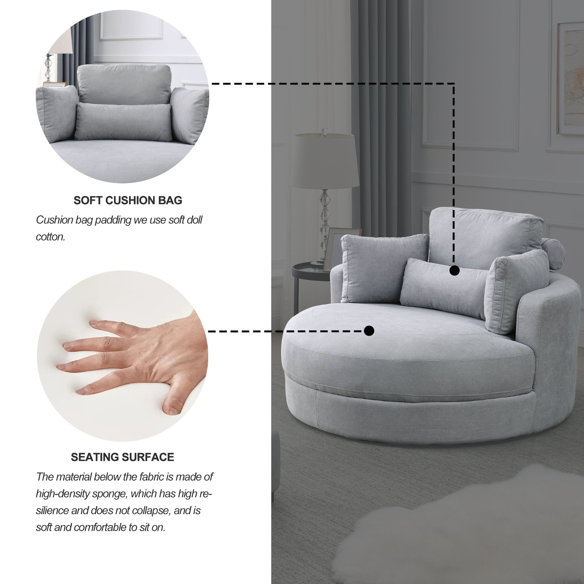 Swivel Accent Barrel Modern Grey Sofa Lounge Club Big Round Chair with Storage Ottoman Linen Fabric for Living Room Hotel with Pillows Sensual Secret Boutique