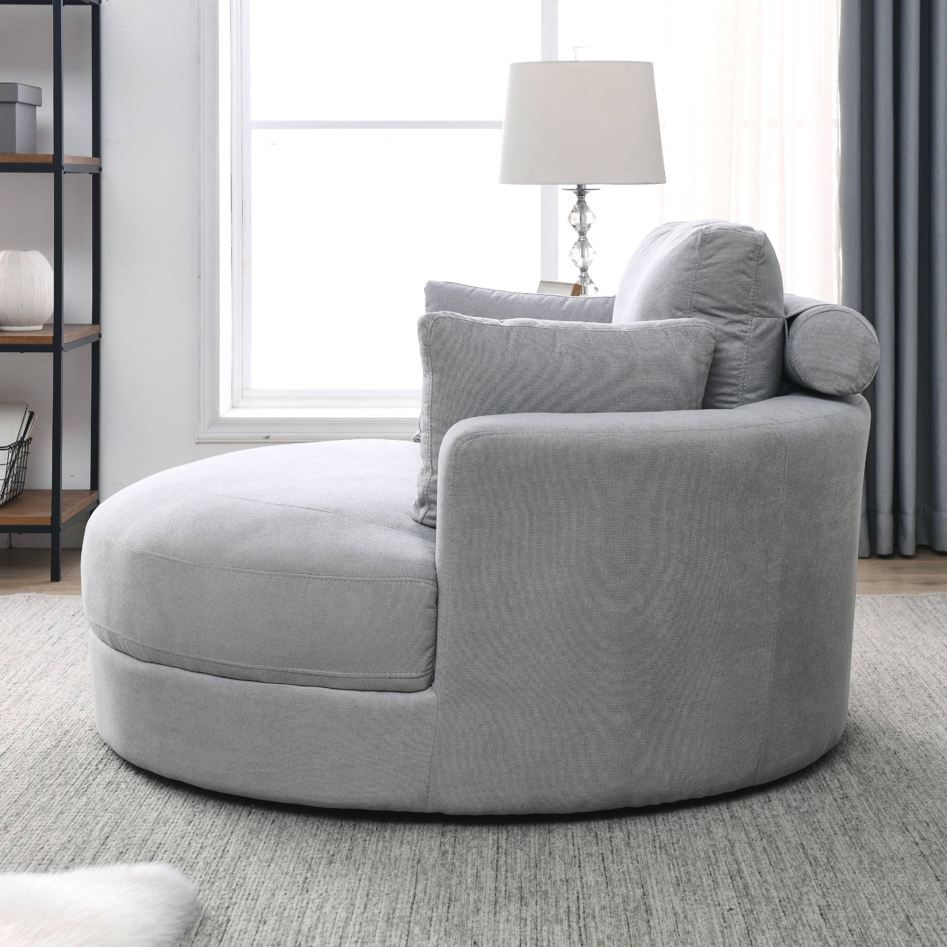 Swivel Accent Barrel Modern Grey Sofa Lounge Club Big Round Chair with Storage Ottoman Linen Fabric for Living Room Hotel with Pillows Sensual Secret Boutique