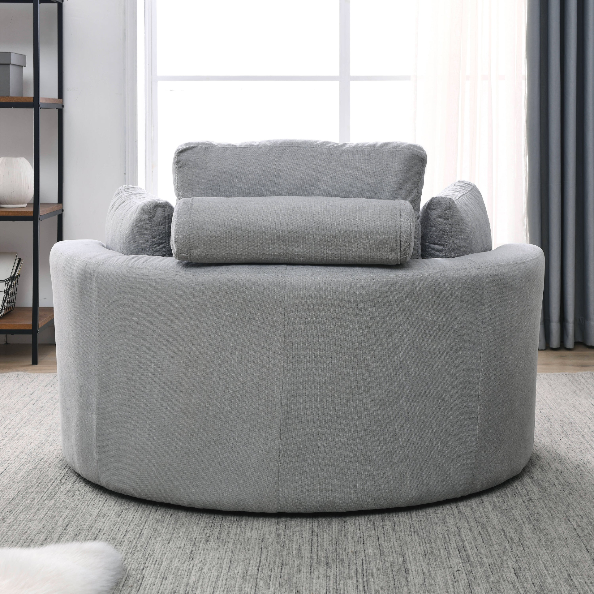 Swivel Accent Barrel Modern Grey Sofa Lounge Club Big Round Chair with Storage Ottoman Linen Fabric for Living Room Hotel with Pillows Sensual Secret Boutique