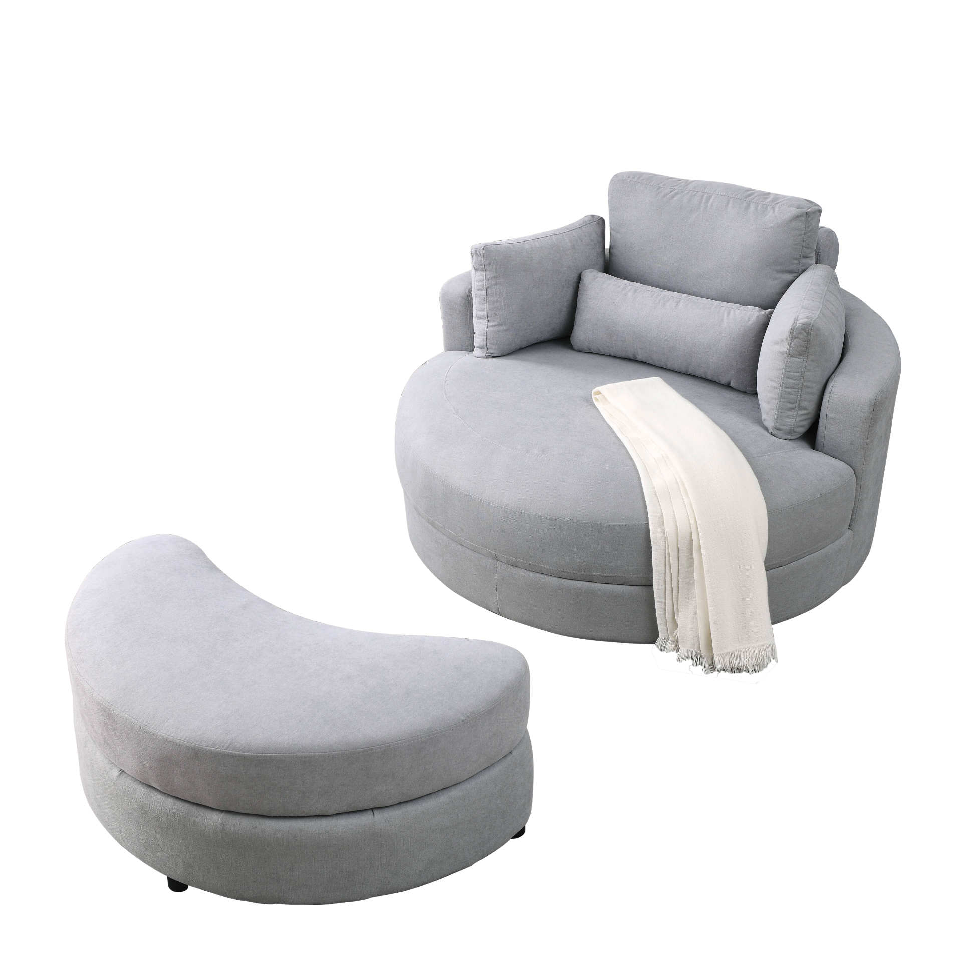 Swivel Accent Barrel Modern Grey Sofa Lounge Club Big Round Chair with Storage Ottoman Linen Fabric for Living Room Hotel with Pillows Sensual Secret Boutique