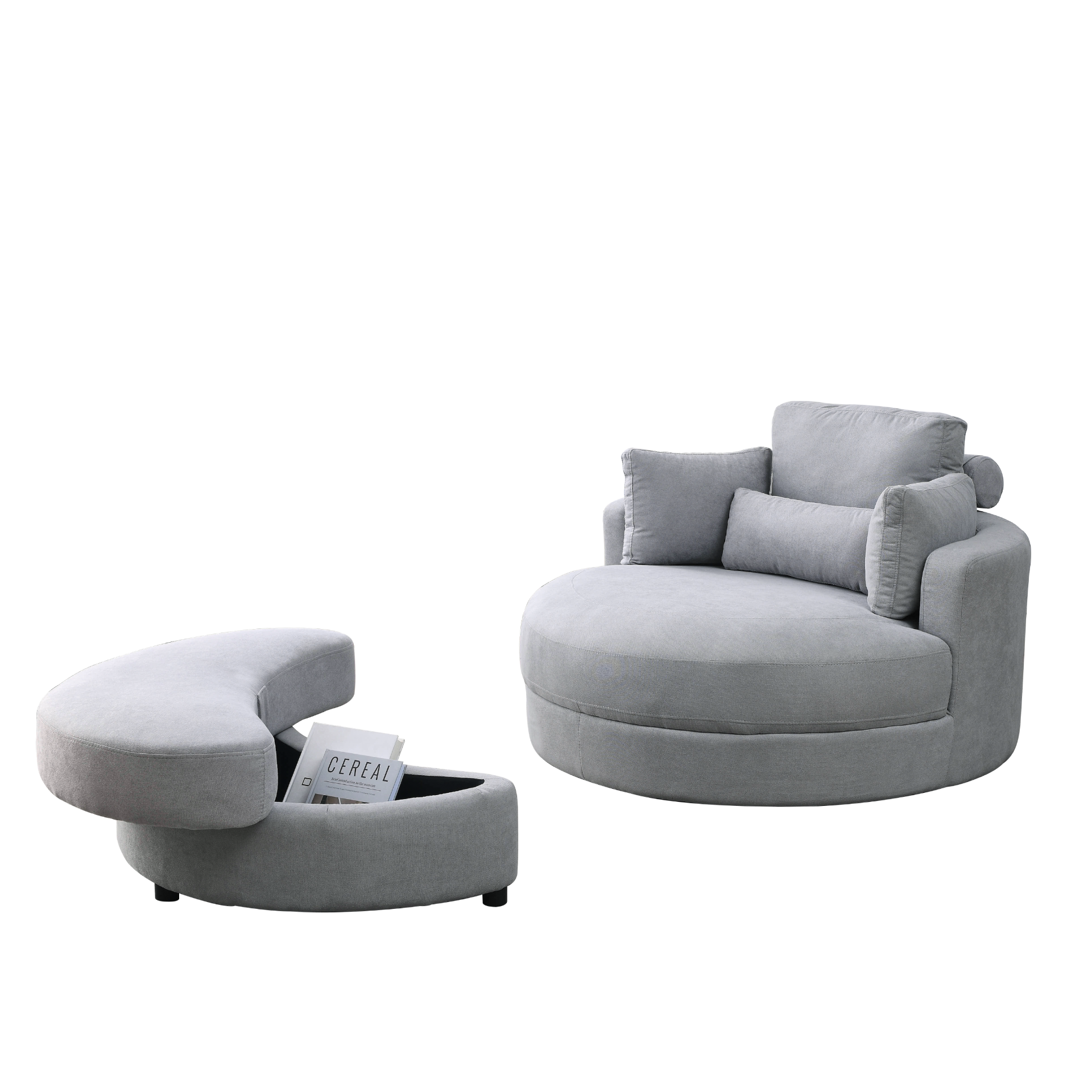 Swivel Accent Barrel Modern Grey Sofa Lounge Club Big Round Chair with Storage Ottoman Linen Fabric for Living Room Hotel with Pillows Sensual Secret Boutique