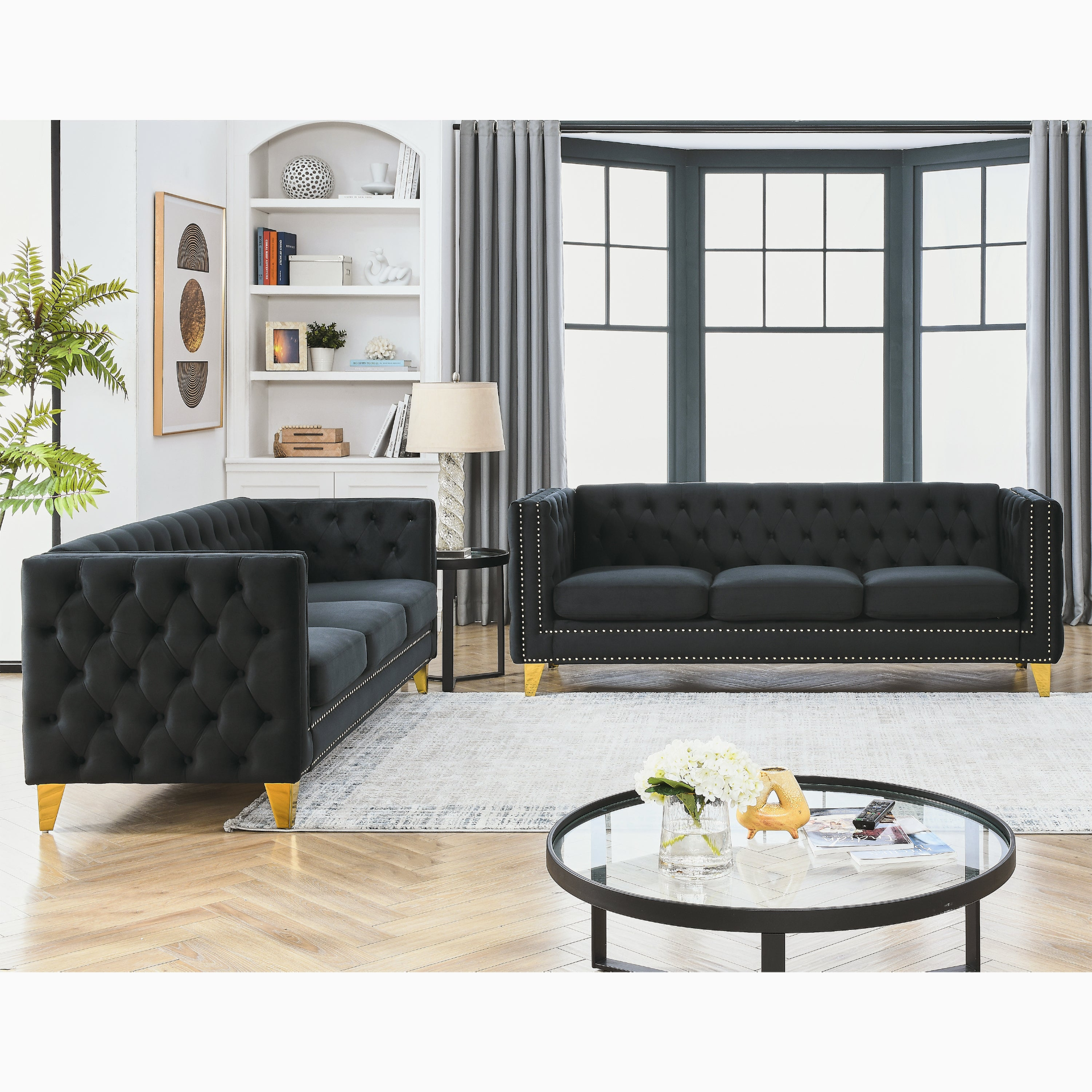 {Contact us for 3D modeling} Velvet Sofa for Living Room, Buttons Tufted Square Arm Couch, Modern Couch Upholstered Button and Metal Legs, Sofa Couch for Bedroom, Black Velvet, 2PCS Sensual Secret Boutique