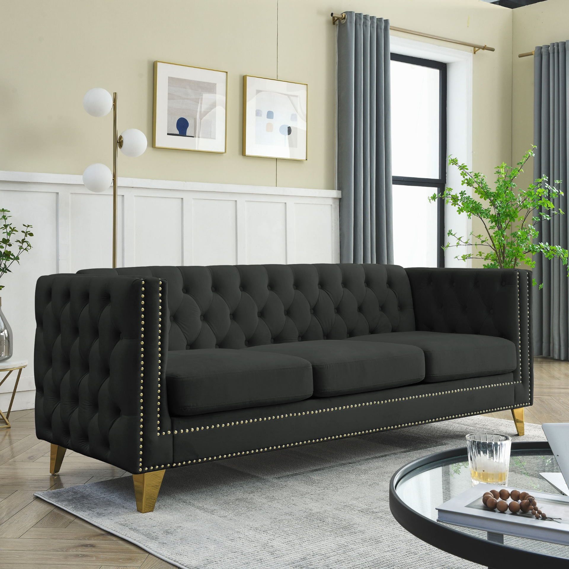 {Contact us for 3D modeling} Velvet Sofa for Living Room, Buttons Tufted Square Arm Couch, Modern Couch Upholstered Button and Metal Legs, Sofa Couch for Bedroom, Black Velvet, 2PCS Sensual Secret Boutique