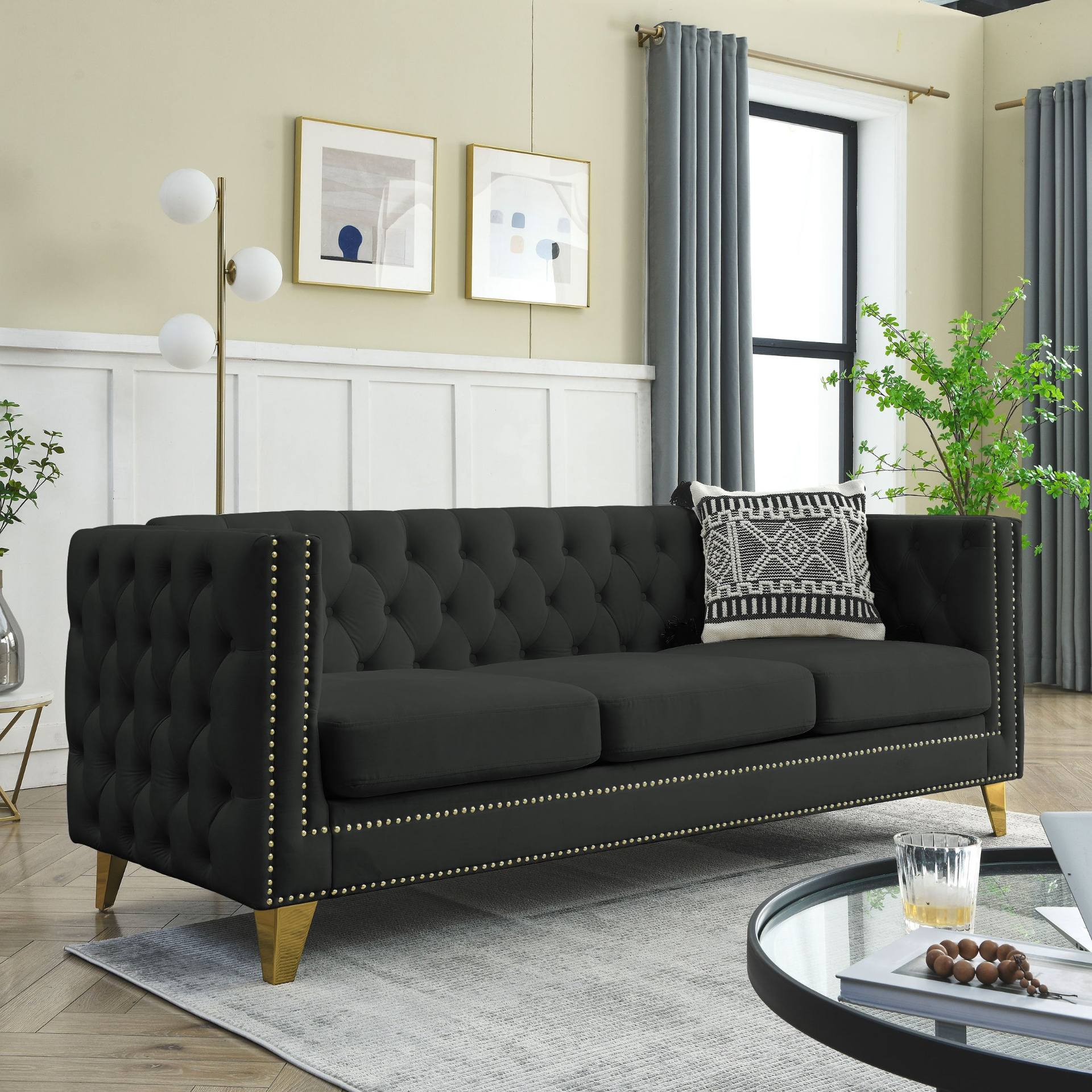 {Contact us for 3D modeling} Velvet Sofa for Living Room, Buttons Tufted Square Arm Couch, Modern Couch Upholstered Button and Metal Legs, Sofa Couch for Bedroom, Black Velvet, 2PCS Sensual Secret Boutique