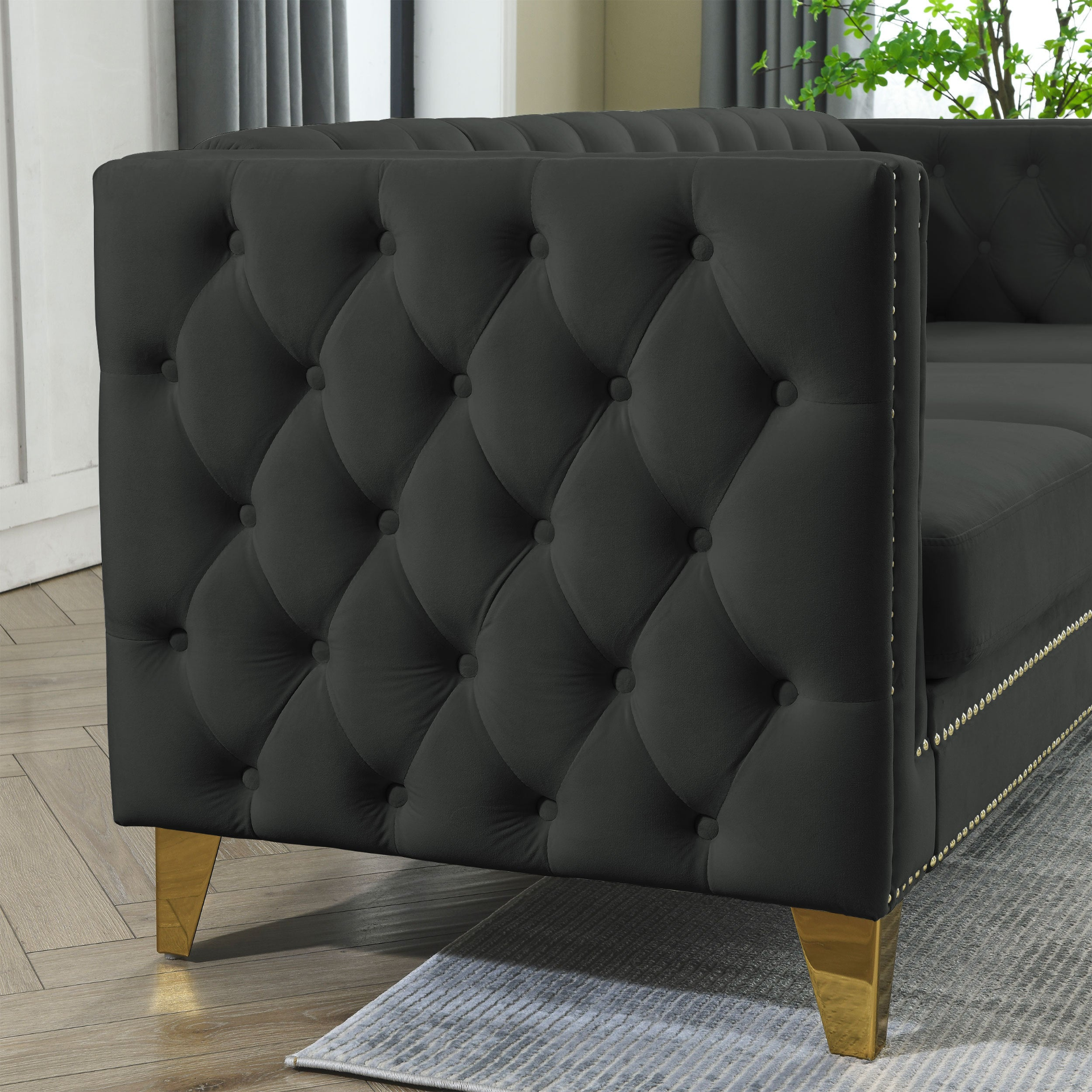 {Contact us for 3D modeling} Velvet Sofa for Living Room, Buttons Tufted Square Arm Couch, Modern Couch Upholstered Button and Metal Legs, Sofa Couch for Bedroom, Black Velvet, 2PCS Sensual Secret Boutique