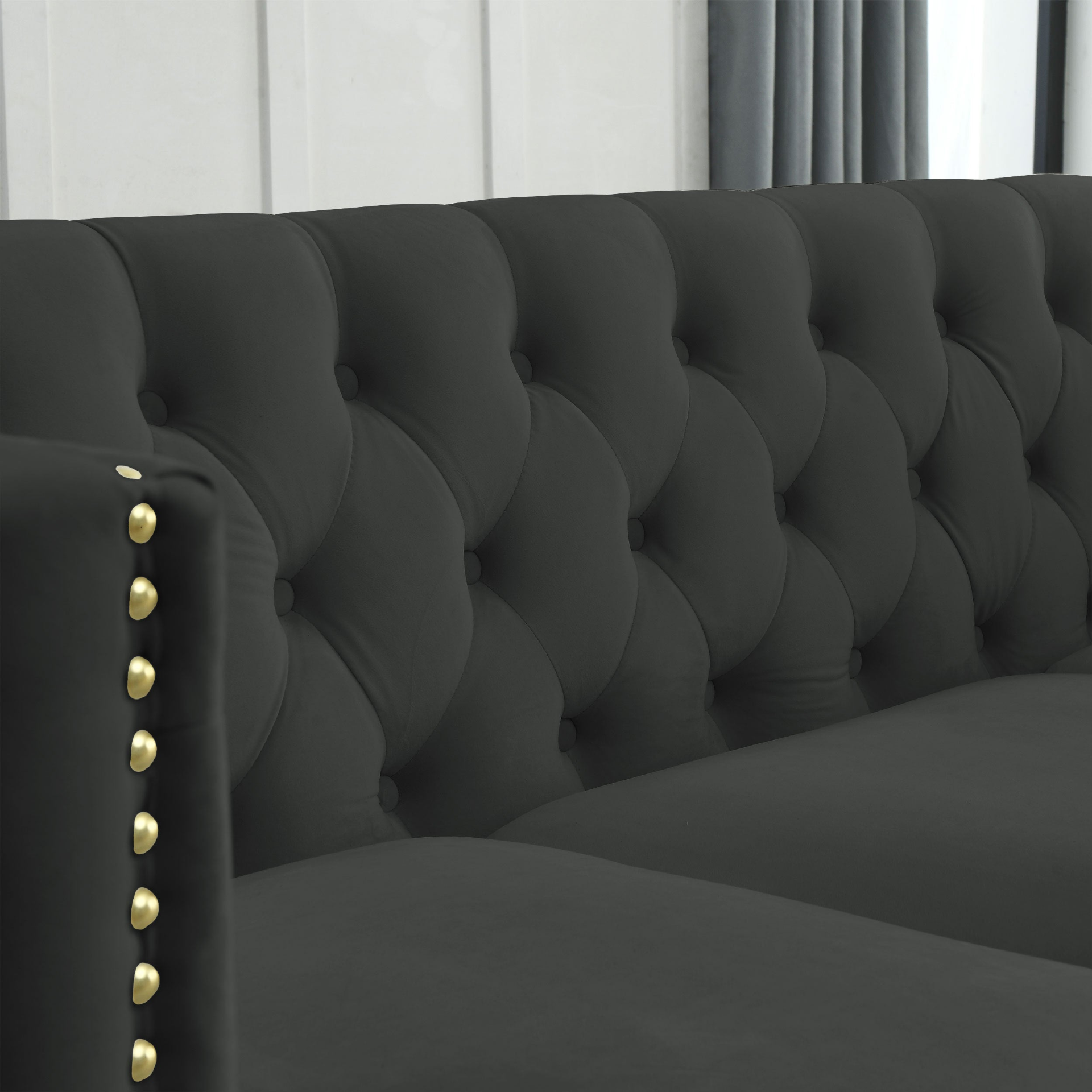 {Contact us for 3D modeling} Velvet Sofa for Living Room, Buttons Tufted Square Arm Couch, Modern Couch Upholstered Button and Metal Legs, Sofa Couch for Bedroom, Black Velvet, 2PCS Sensual Secret Boutique