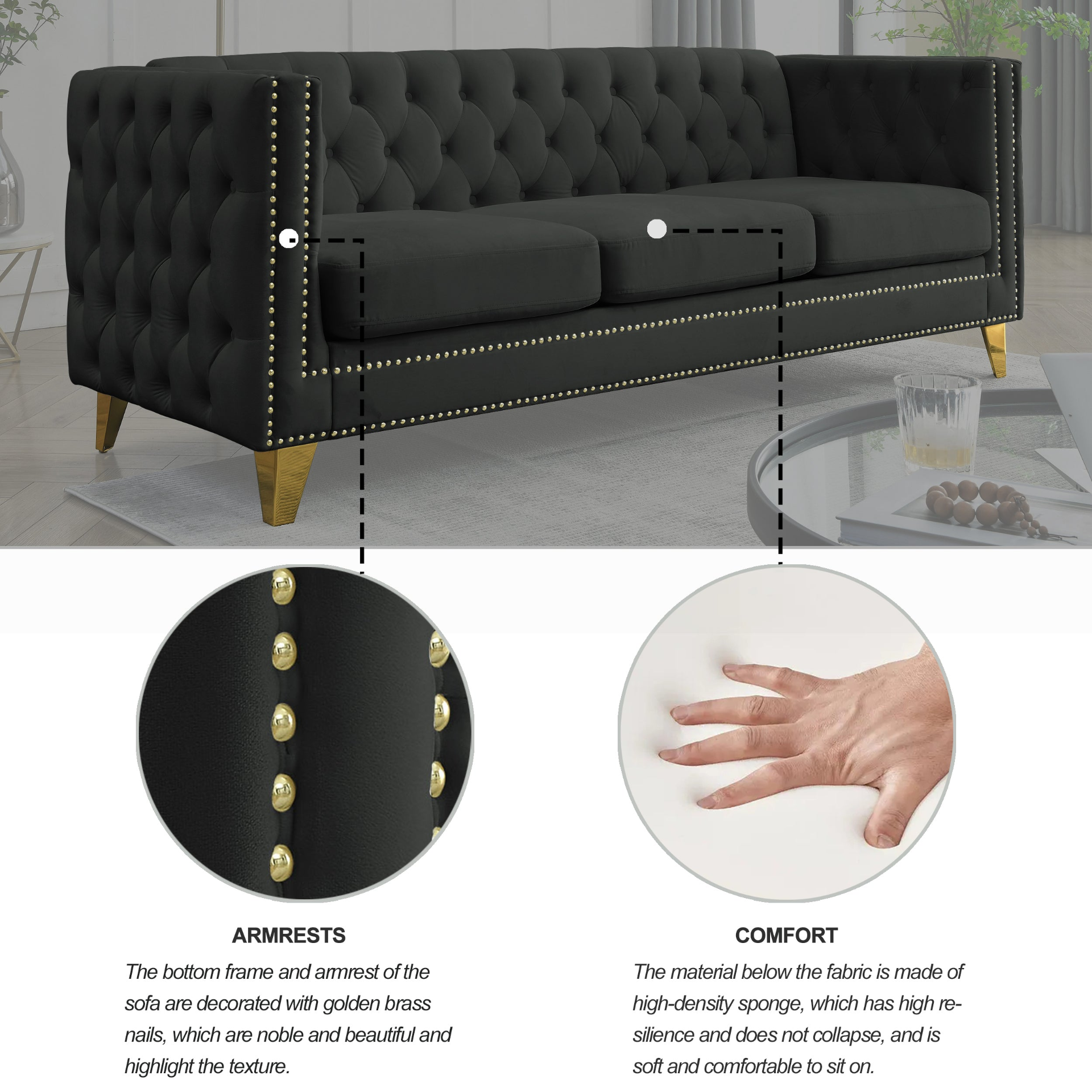 {Contact us for 3D modeling} Velvet Sofa for Living Room, Buttons Tufted Square Arm Couch, Modern Couch Upholstered Button and Metal Legs, Sofa Couch for Bedroom, Black Velvet, 2PCS Sensual Secret Boutique