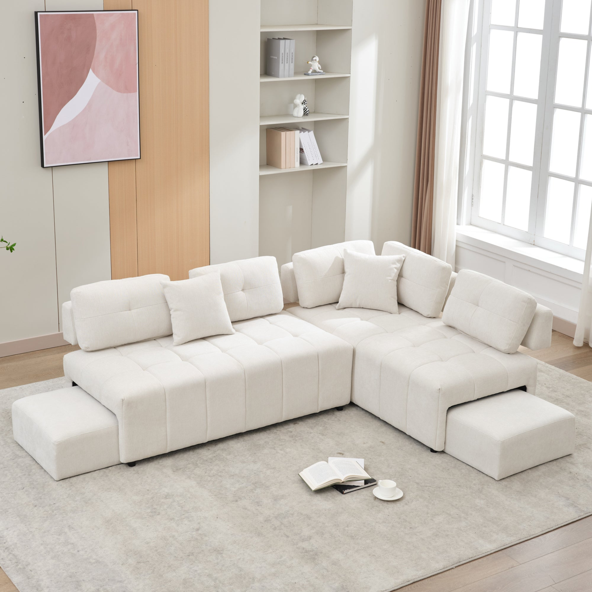 91.73" L-shaped Sofa Sectional Sofa Couch with 2 Stools and 2 Lumbar Pillows for Living Room, Beige Sensual Secret Boutique