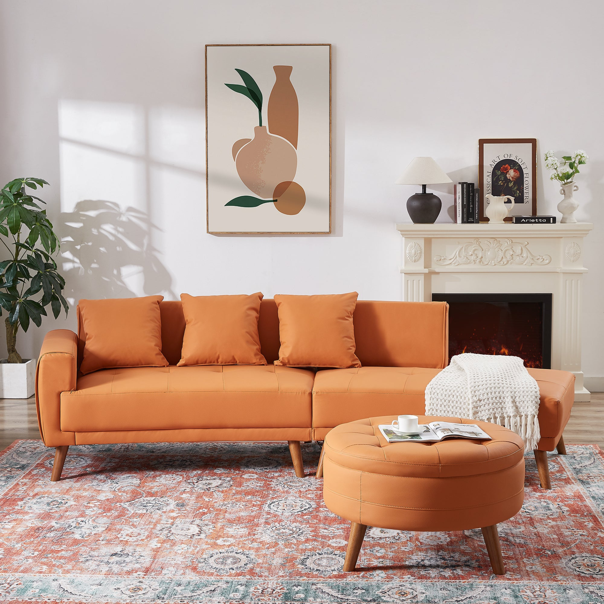 107" Contemporary Sofa Stylish Sofa Couch with Round Storage Ottoman and Three Removable Pillows, Orange Sensual Secret Boutique