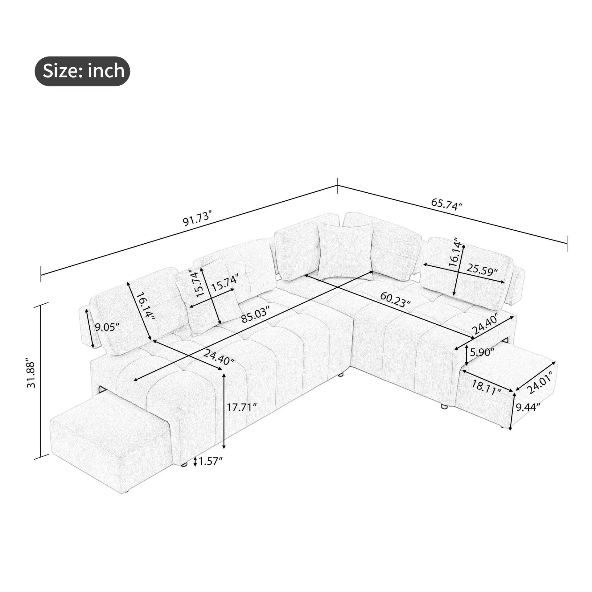 91.73" L-shaped Sofa Sectional Sofa Couch with 2 Stools and 2 Lumbar Pillows for Living Room, Beige Sensual Secret Boutique