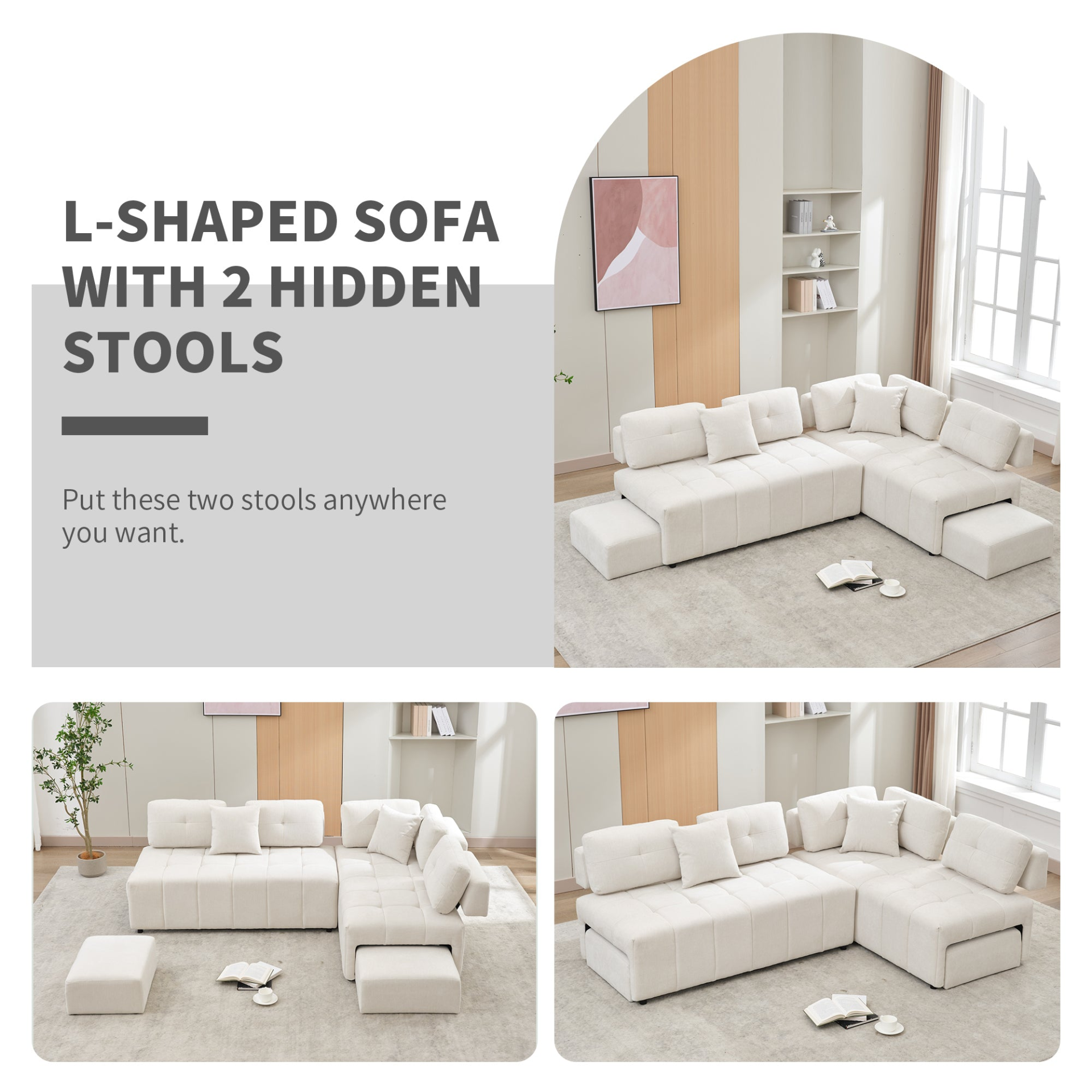 91.73" L-shaped Sofa Sectional Sofa Couch with 2 Stools and 2 Lumbar Pillows for Living Room, Beige Sensual Secret Boutique