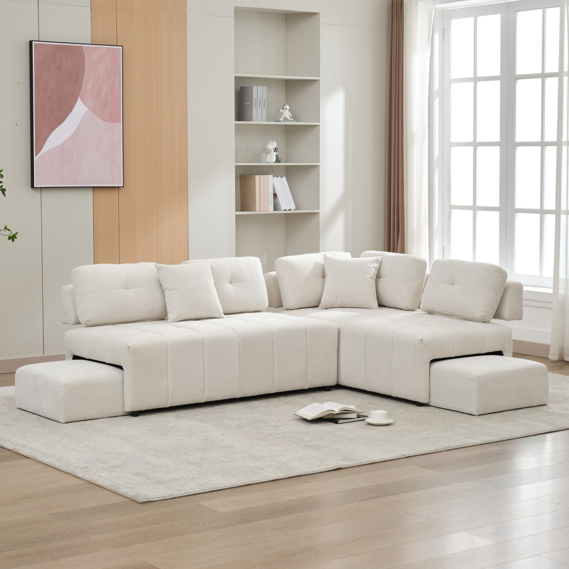 91.73" L-shaped Sofa Sectional Sofa Couch with 2 Stools and 2 Lumbar Pillows for Living Room, Beige Sensual Secret Boutique