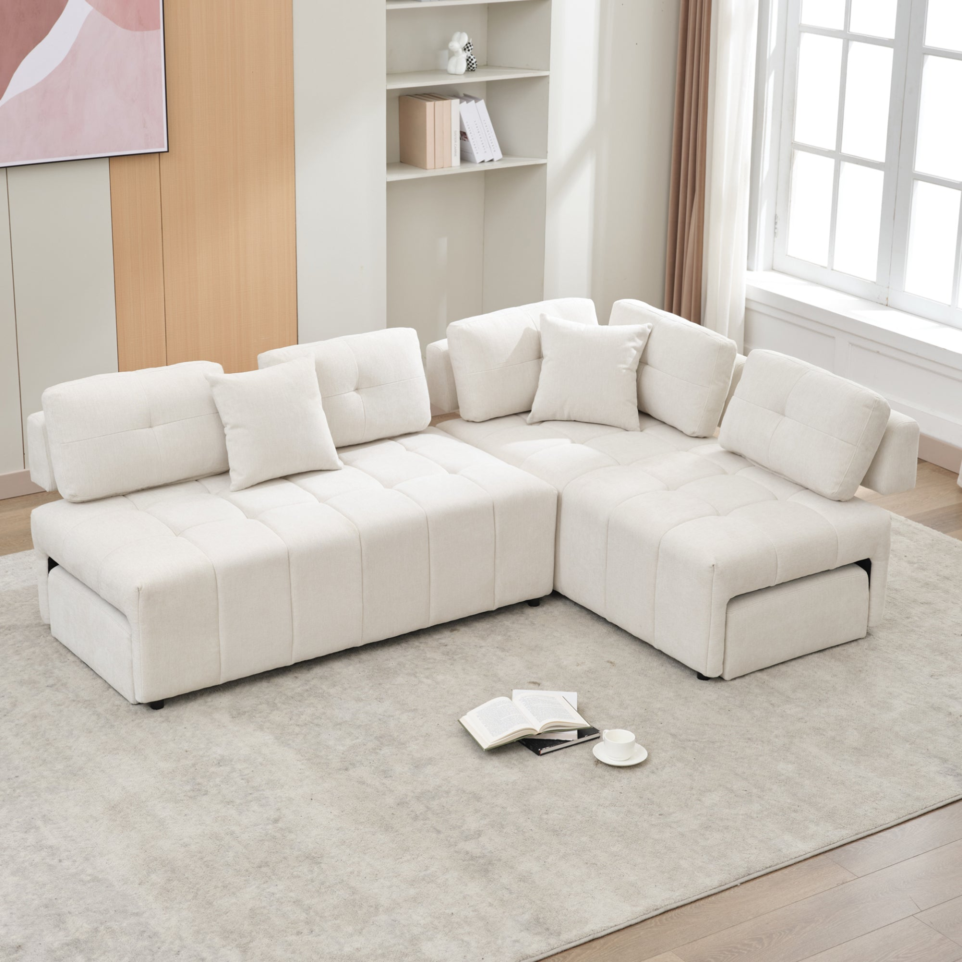 91.73" L-shaped Sofa Sectional Sofa Couch with 2 Stools and 2 Lumbar Pillows for Living Room, Beige Sensual Secret Boutique