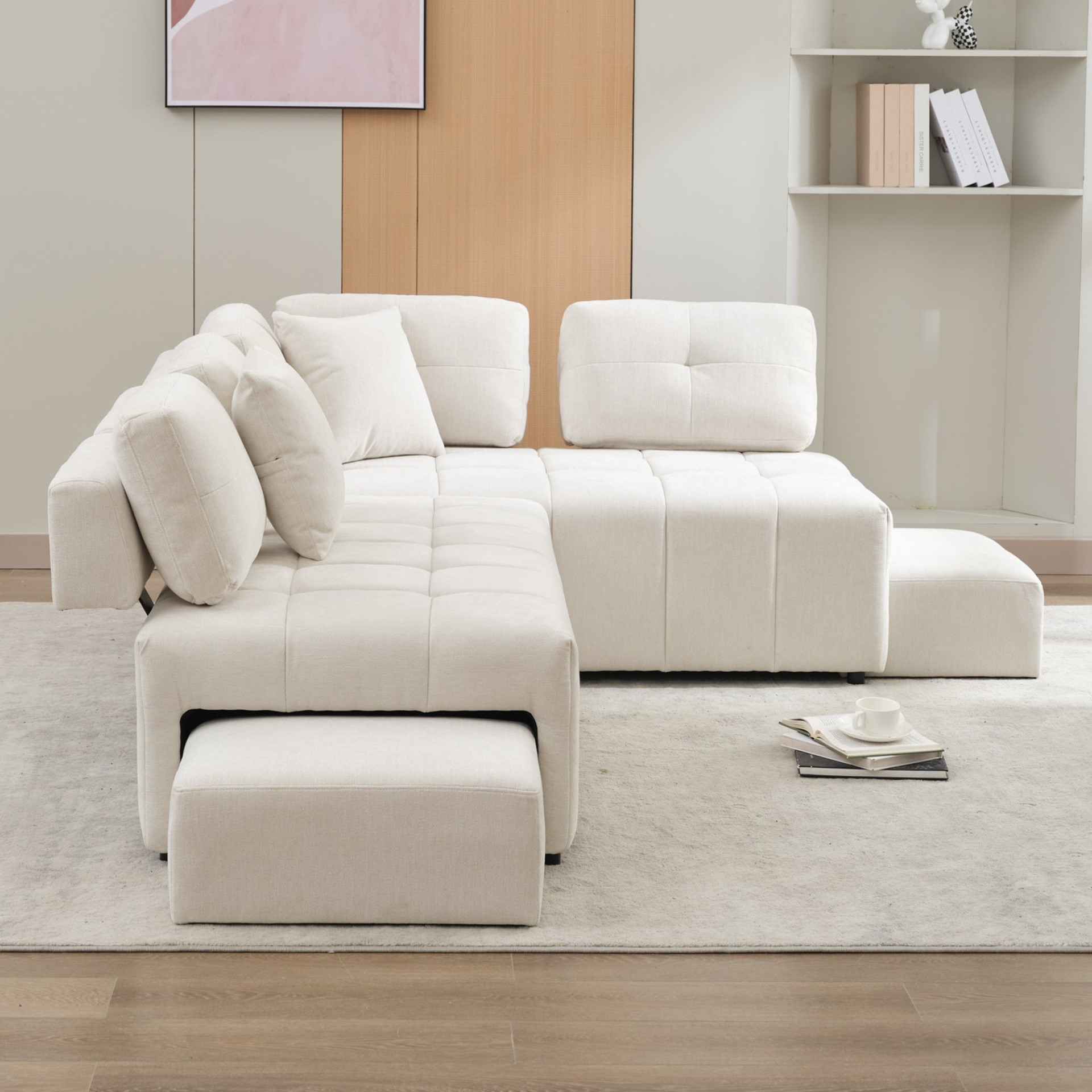 91.73" L-shaped Sofa Sectional Sofa Couch with 2 Stools and 2 Lumbar Pillows for Living Room, Beige Sensual Secret Boutique