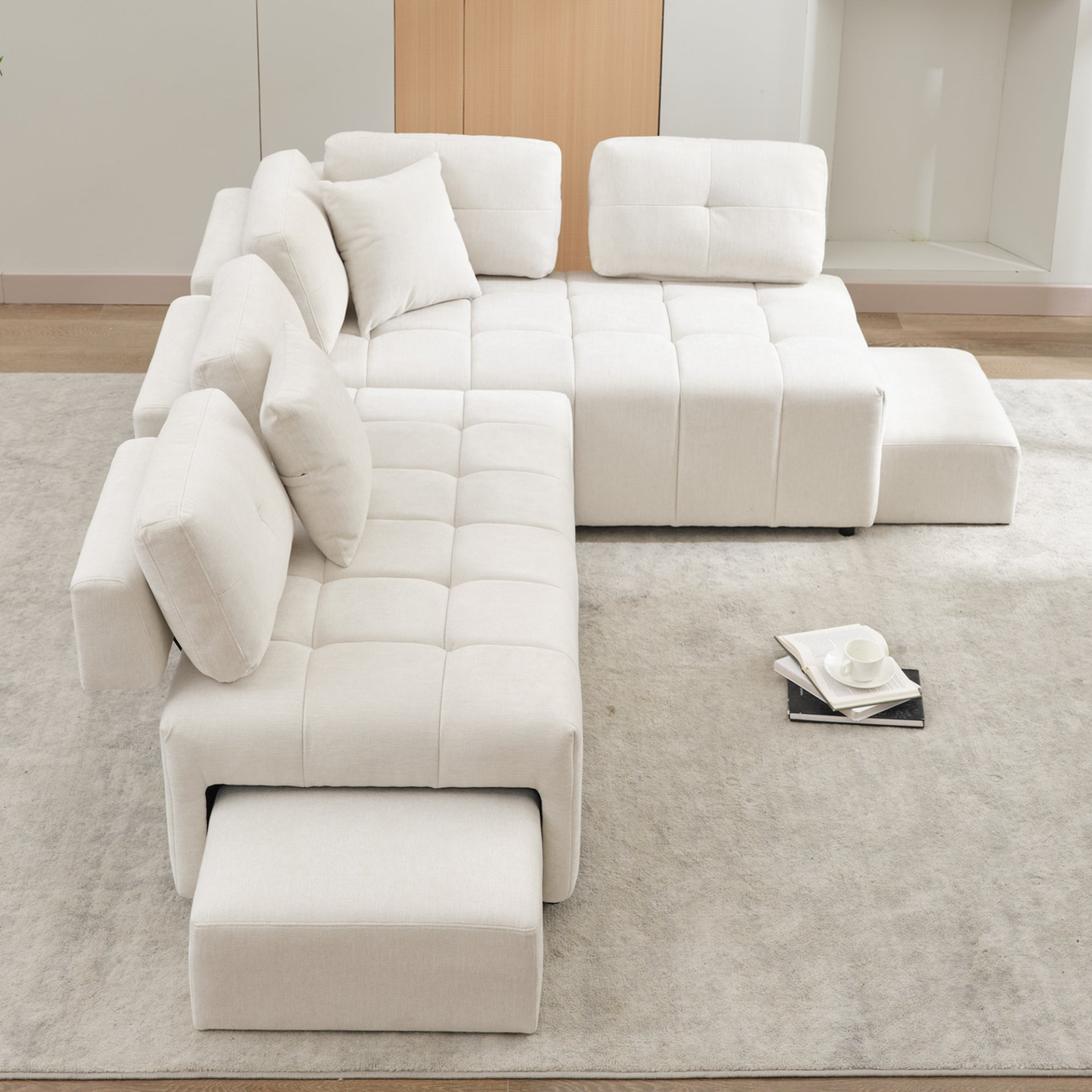 91.73" L-shaped Sofa Sectional Sofa Couch with 2 Stools and 2 Lumbar Pillows for Living Room, Beige Sensual Secret Boutique