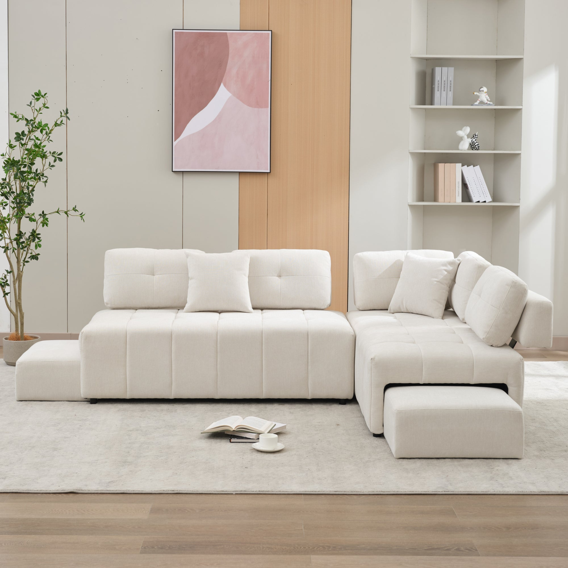 91.73" L-shaped Sofa Sectional Sofa Couch with 2 Stools and 2 Lumbar Pillows for Living Room, Beige Sensual Secret Boutique