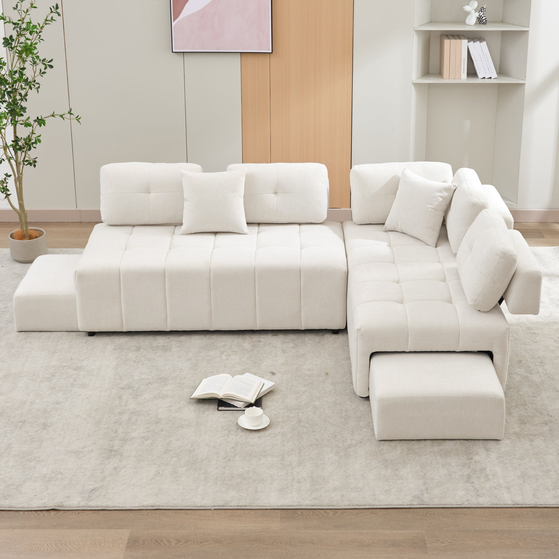 91.73" L-shaped Sofa Sectional Sofa Couch with 2 Stools and 2 Lumbar Pillows for Living Room, Beige Sensual Secret Boutique