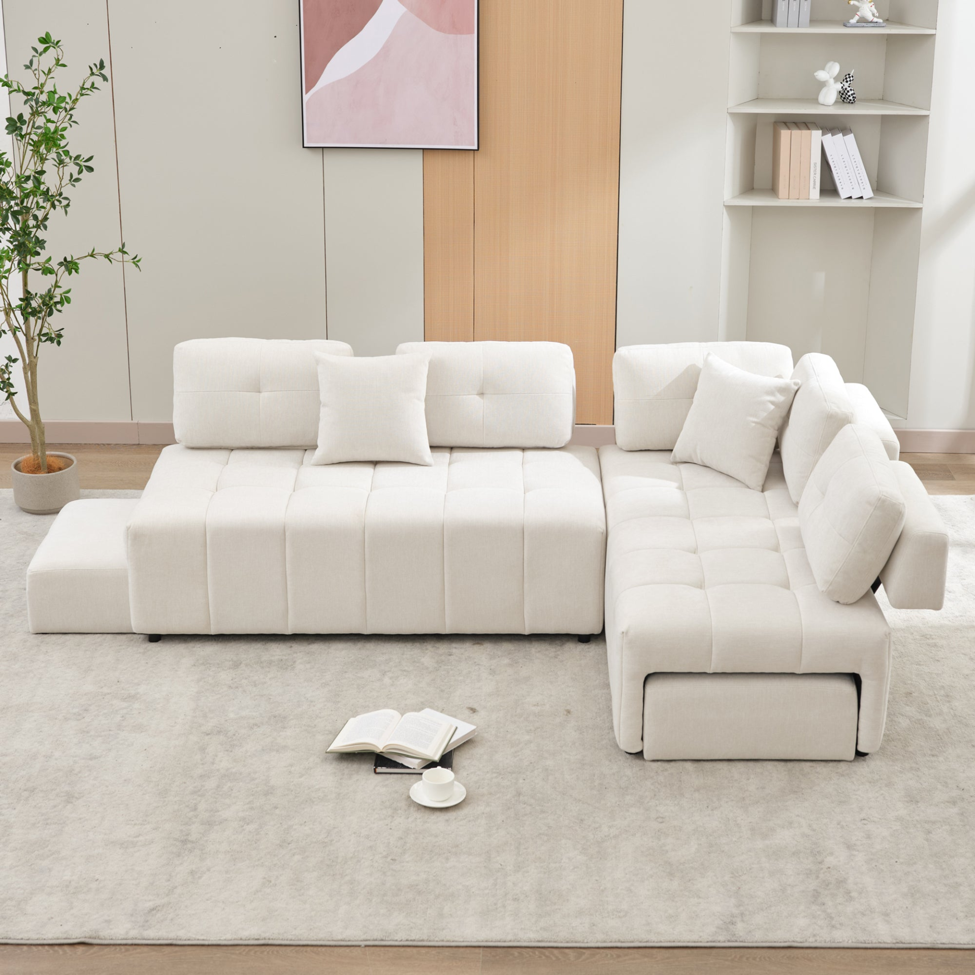 91.73" L-shaped Sofa Sectional Sofa Couch with 2 Stools and 2 Lumbar Pillows for Living Room, Beige Sensual Secret Boutique