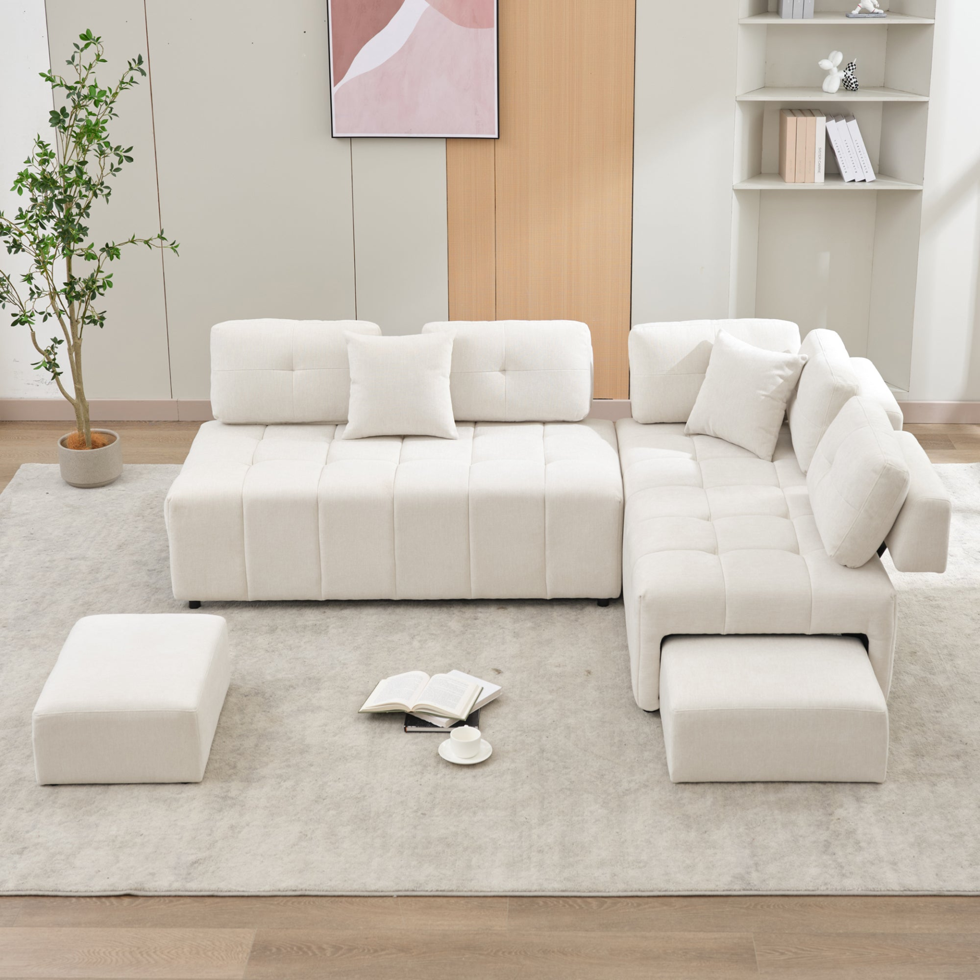 91.73" L-shaped Sofa Sectional Sofa Couch with 2 Stools and 2 Lumbar Pillows for Living Room, Beige Sensual Secret Boutique