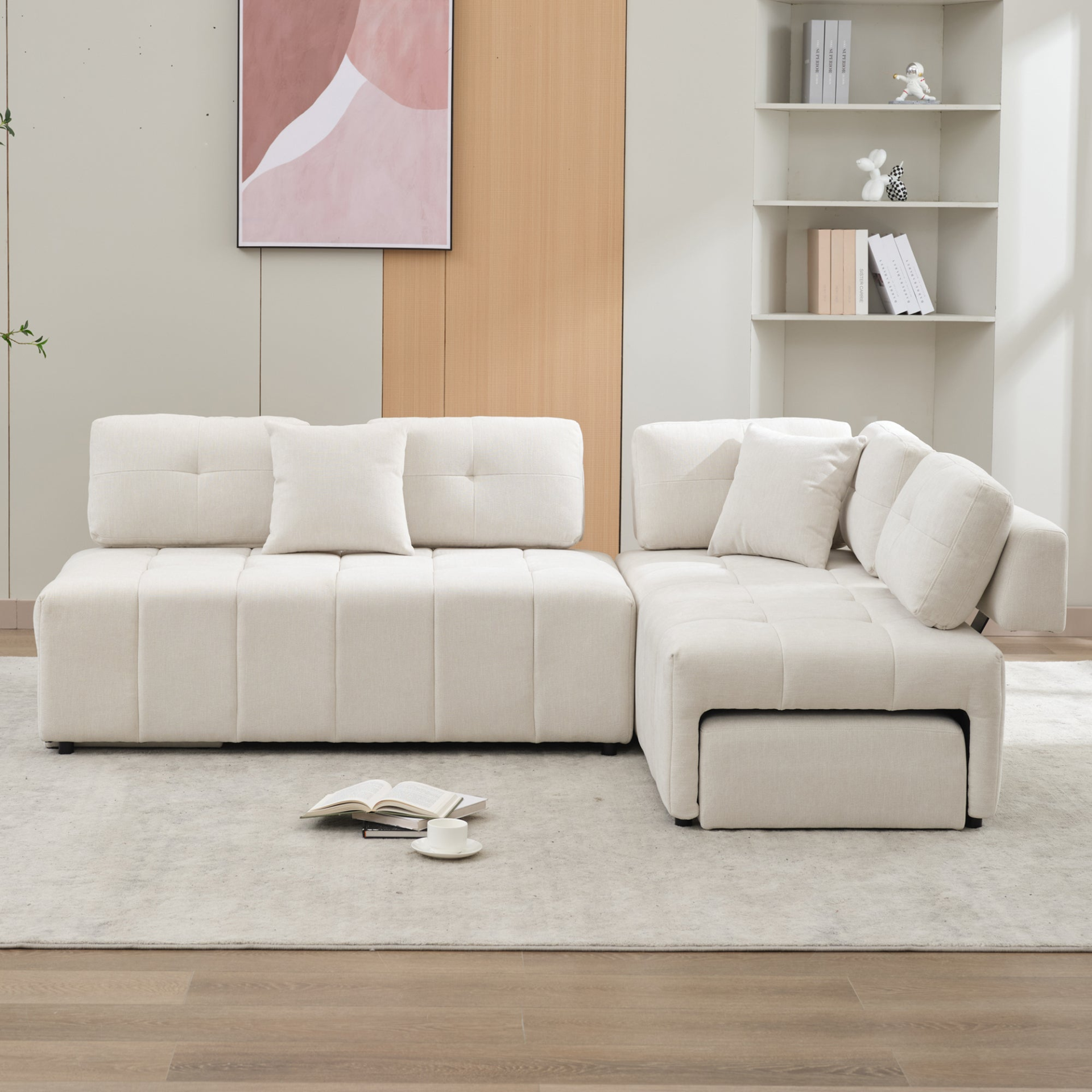 91.73" L-shaped Sofa Sectional Sofa Couch with 2 Stools and 2 Lumbar Pillows for Living Room, Beige Sensual Secret Boutique