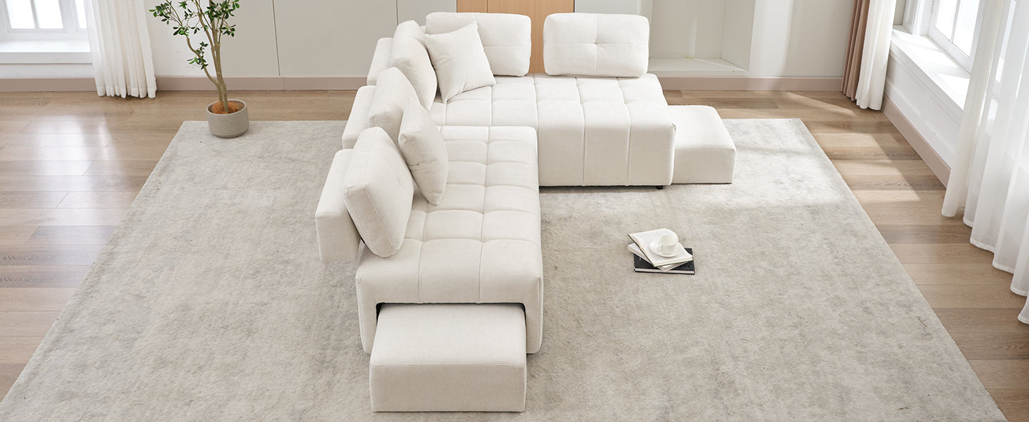 91.73" L-shaped Sofa Sectional Sofa Couch with 2 Stools and 2 Lumbar Pillows for Living Room, Beige Sensual Secret Boutique