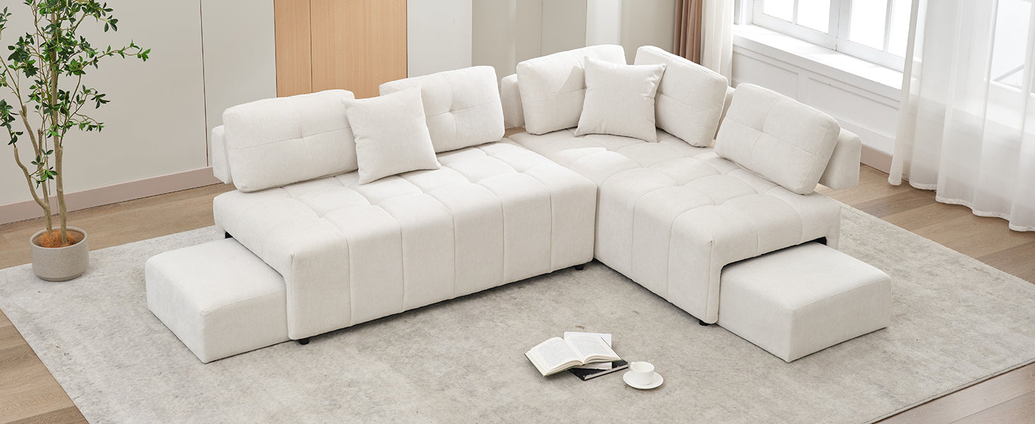 91.73" L-shaped Sofa Sectional Sofa Couch with 2 Stools and 2 Lumbar Pillows for Living Room, Beige Sensual Secret Boutique